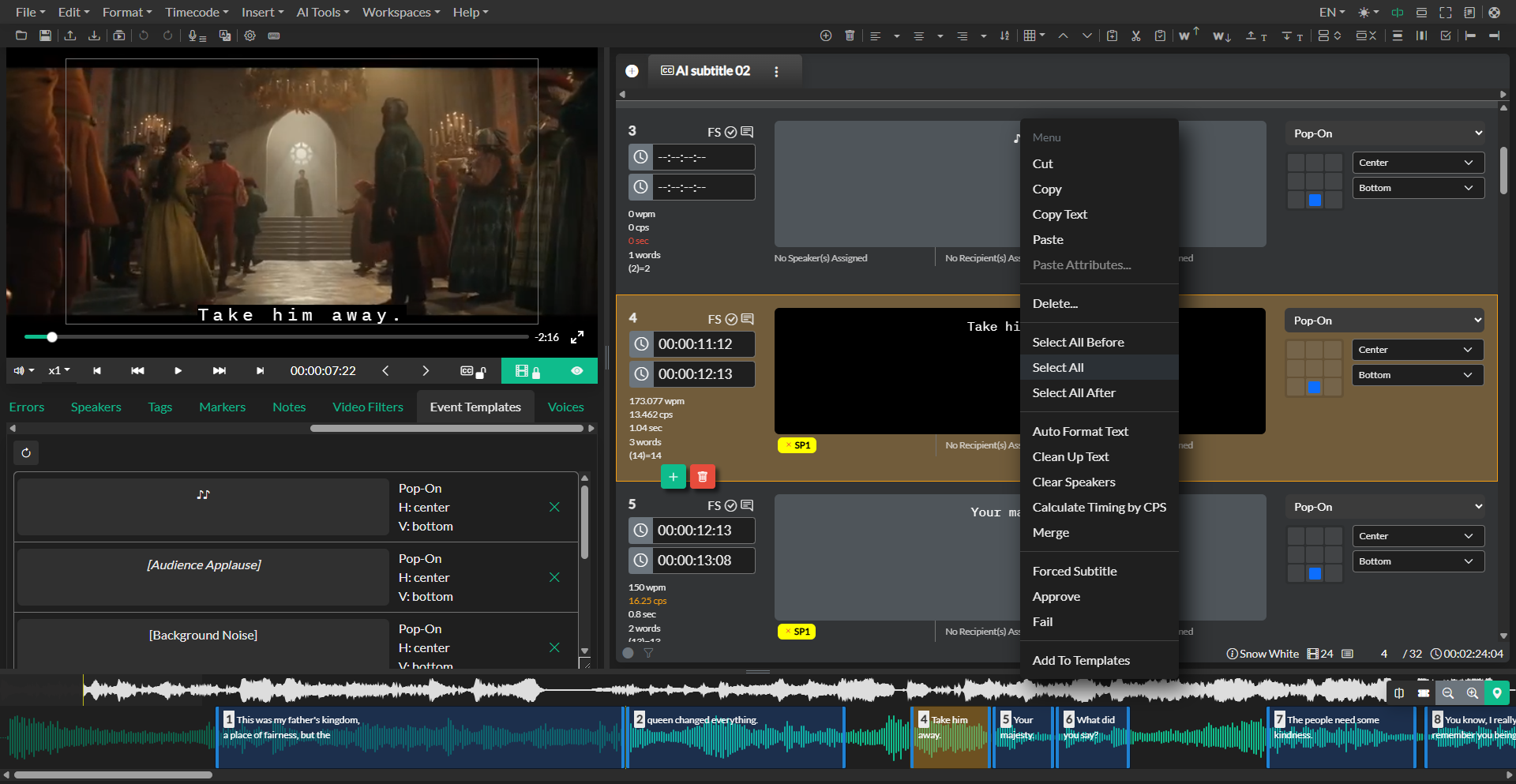 Event context menu showing copy, cut, and paste options