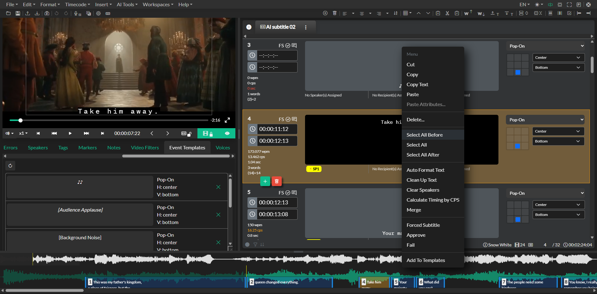 Event context menu showing copy, cut, and paste options
