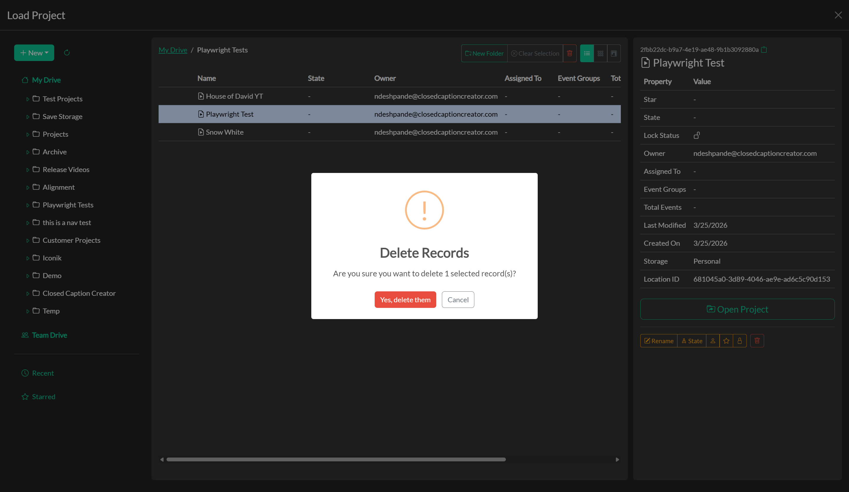 Delete project confirmation dialog