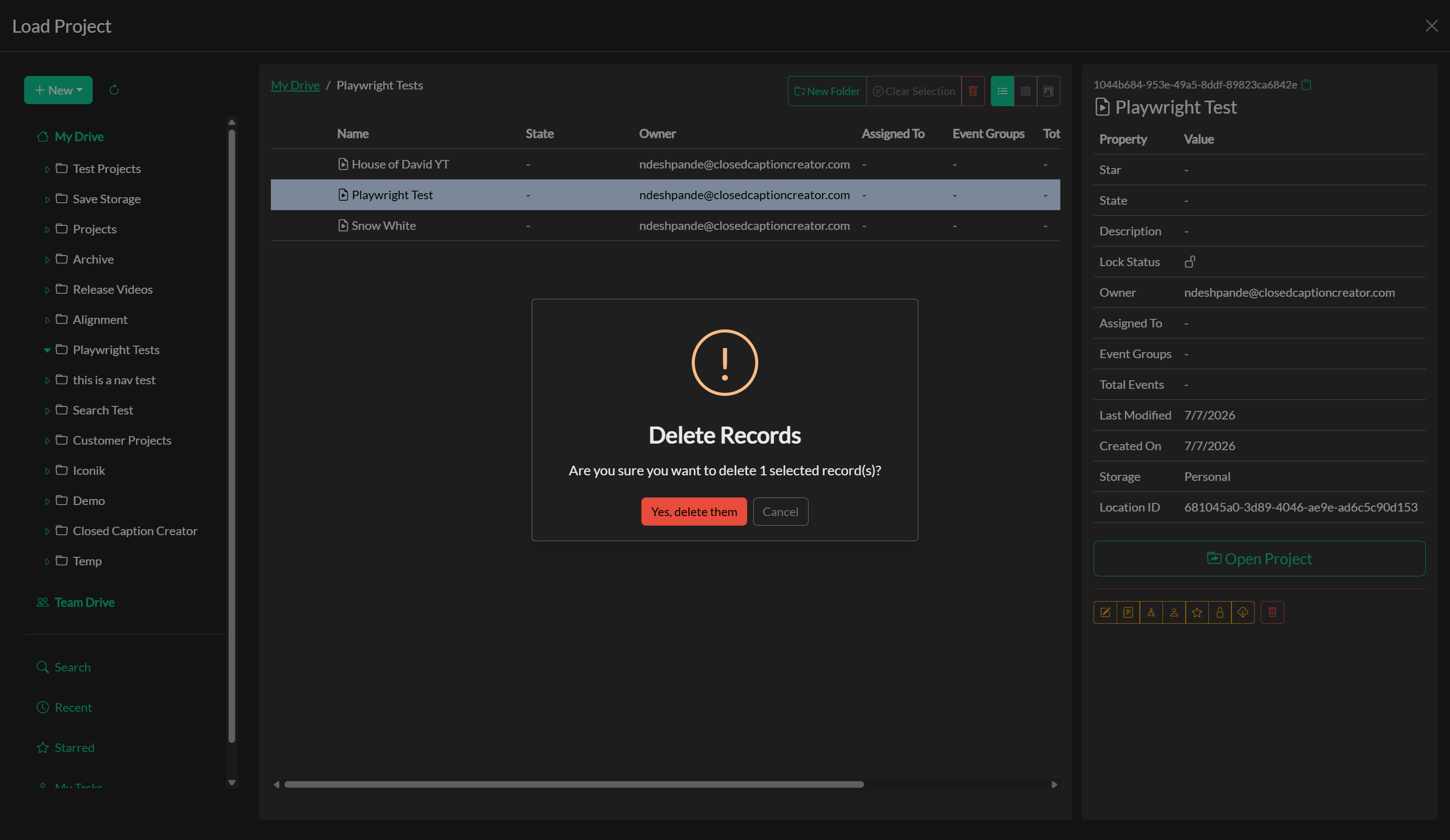 Delete project confirmation dialog
