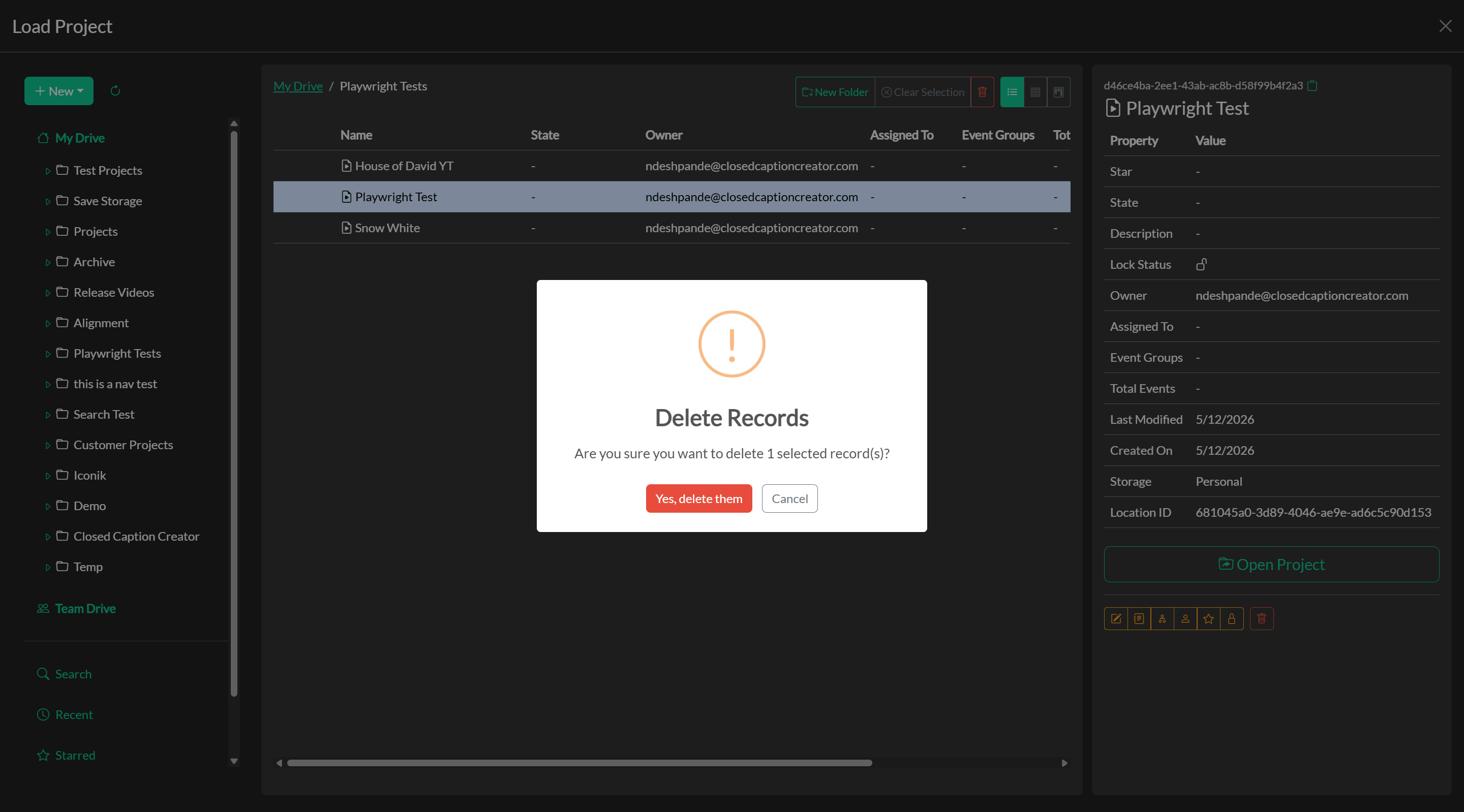 Delete project confirmation dialog