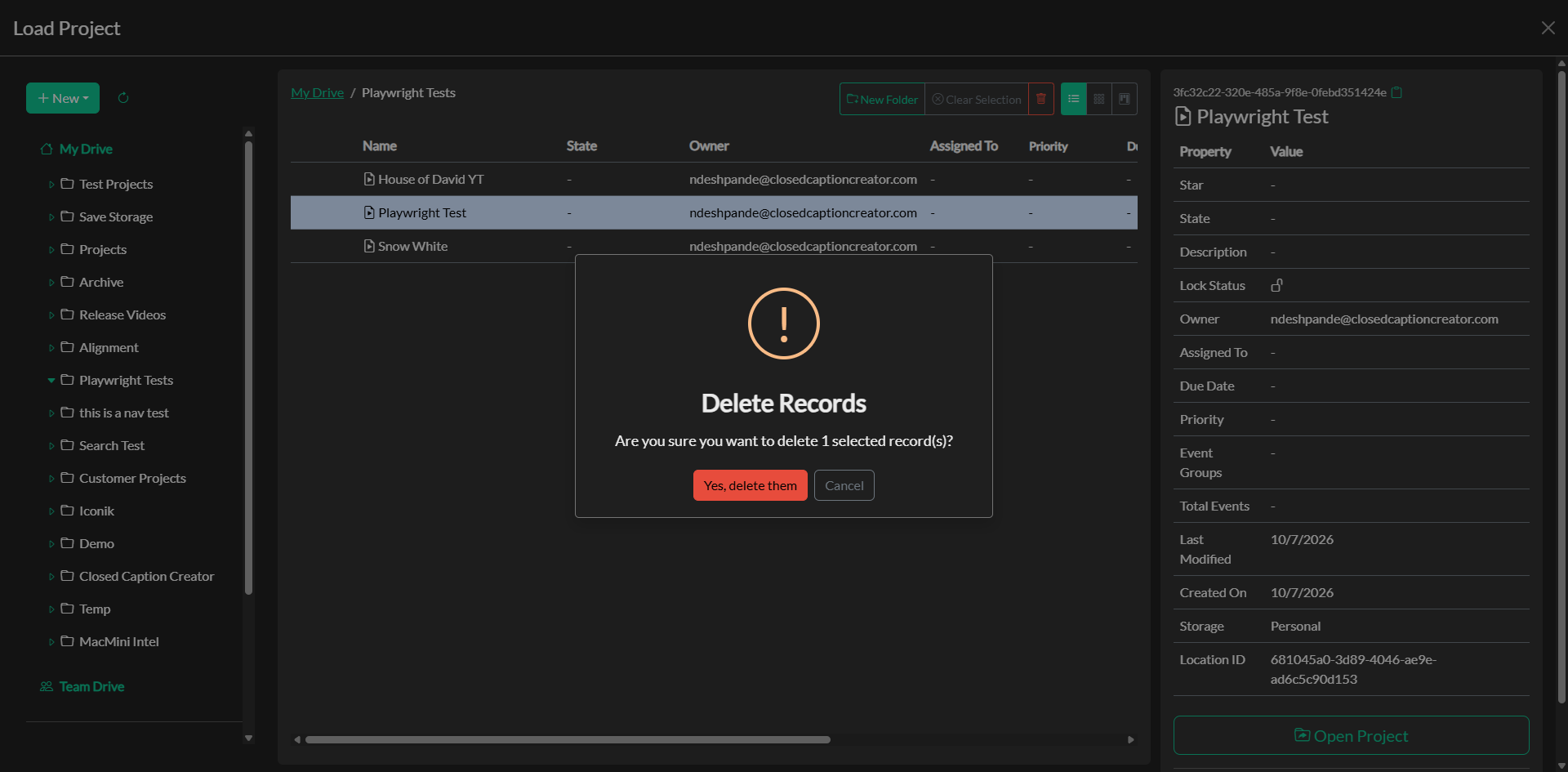 Delete project confirmation dialog