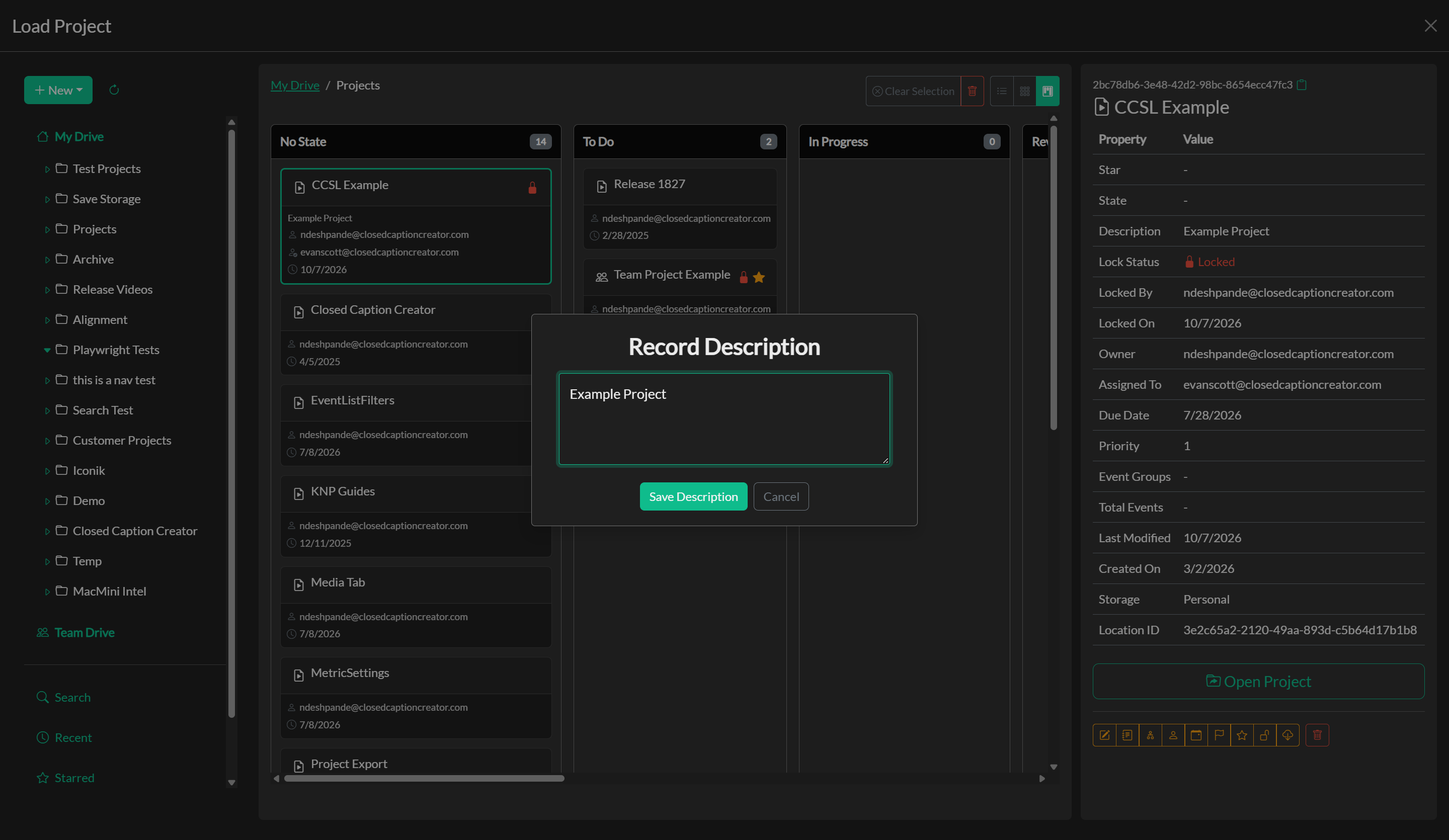 Edit record description dialog in Storage Explorer