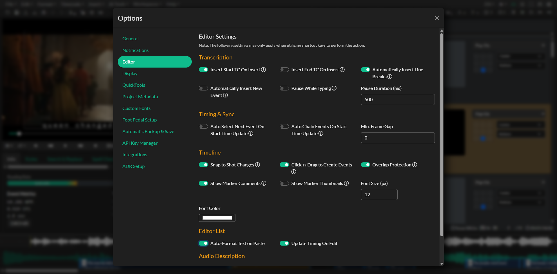 Editor settings tab in Options
