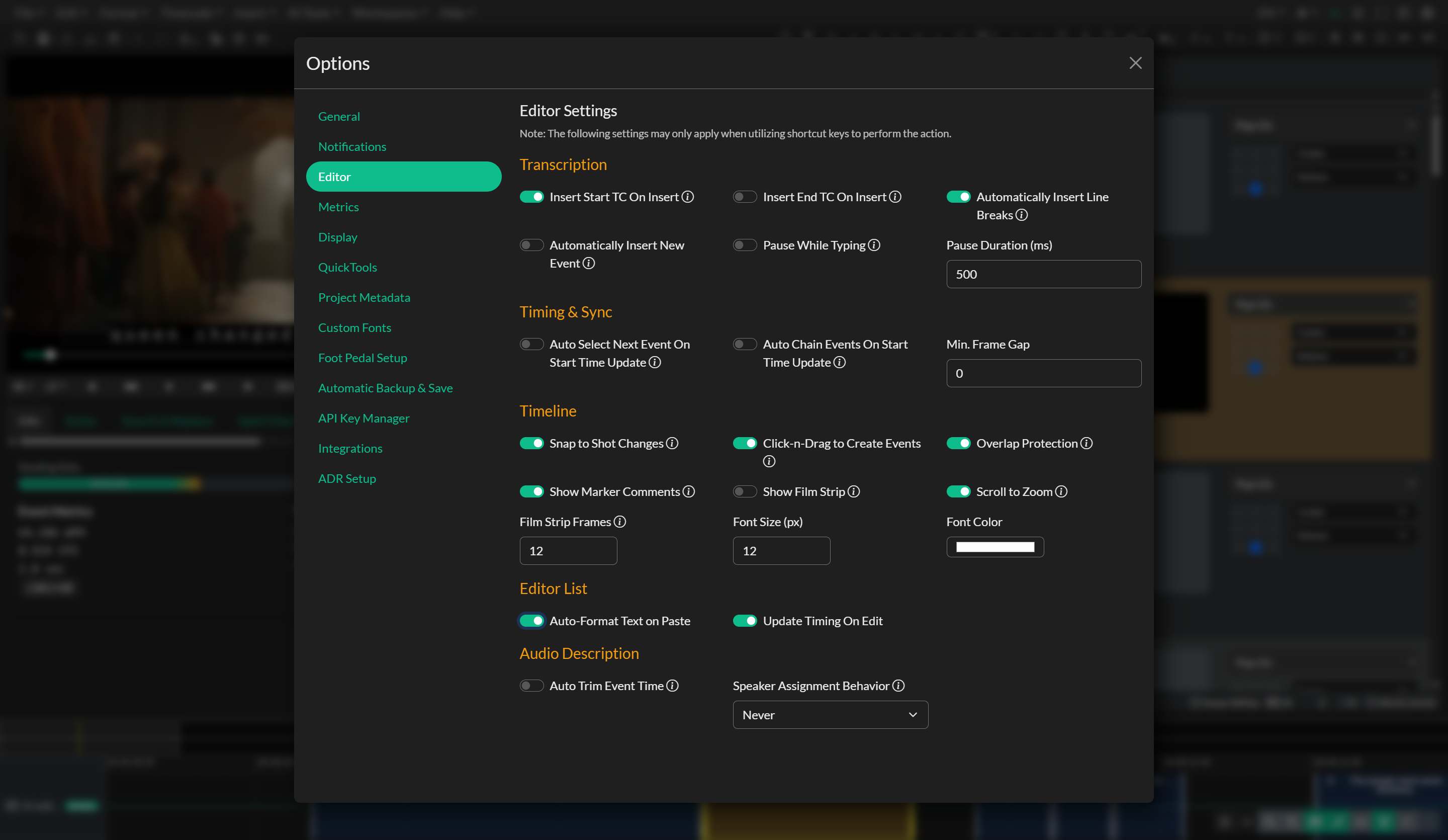 Editor settings tab in Options
