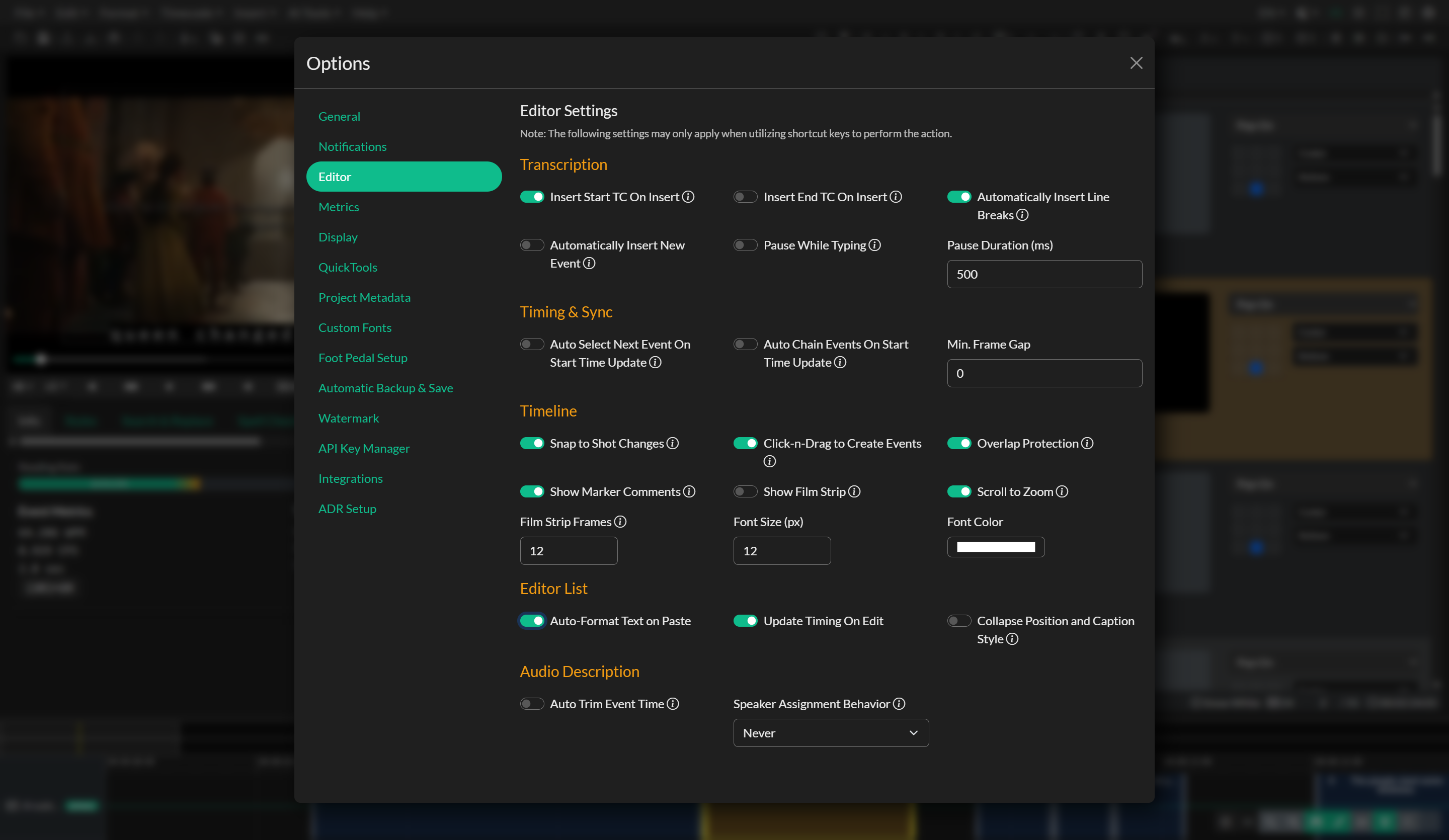 Editor settings tab in Options