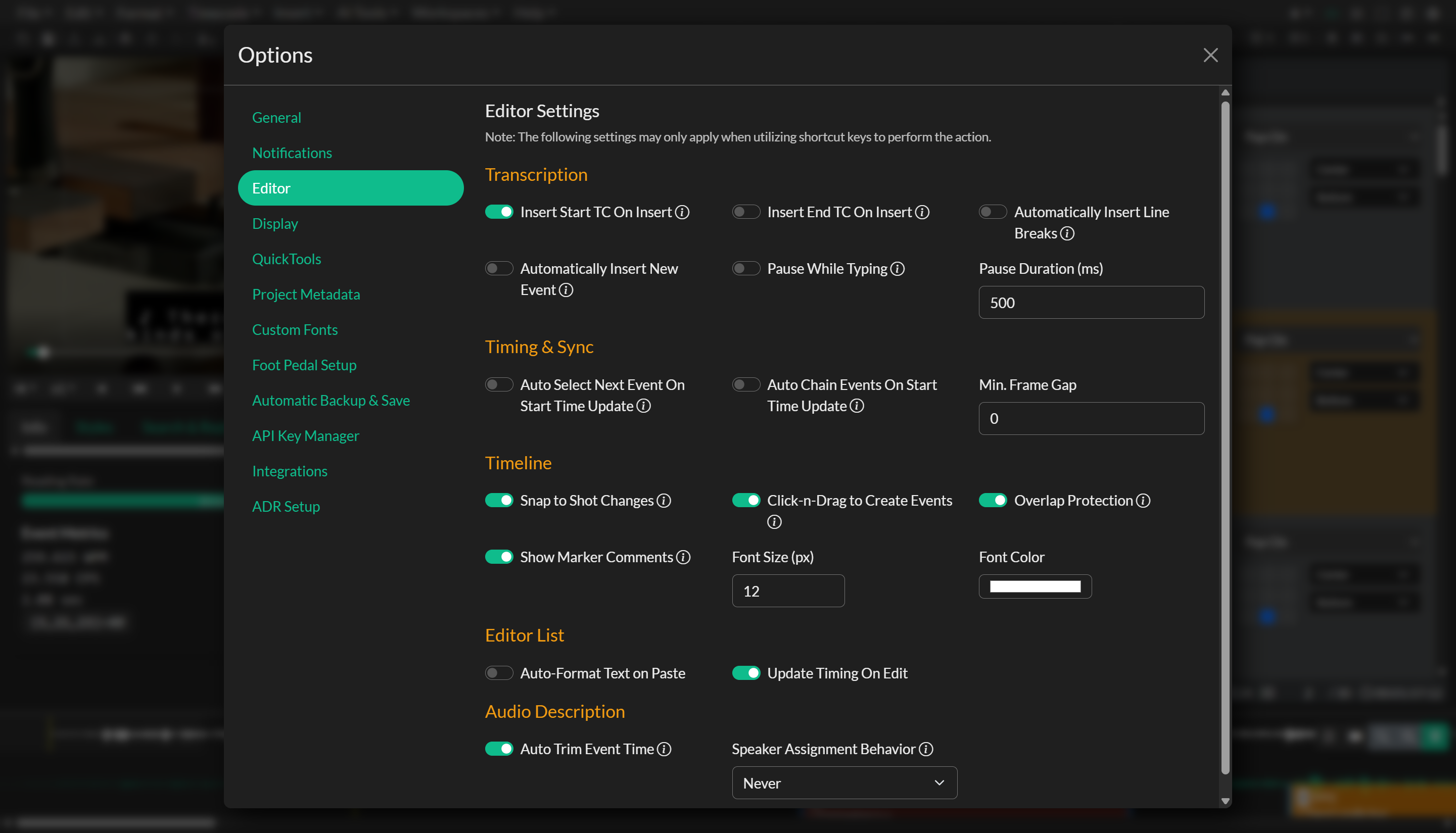 Editor settings tab in Options