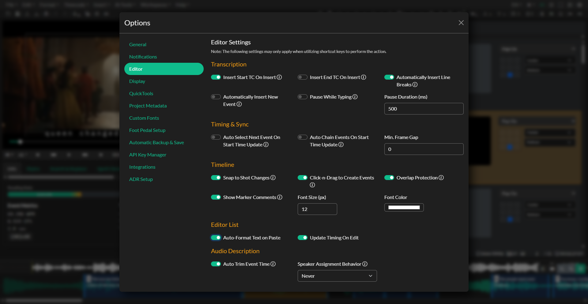 Editor settings tab in Options