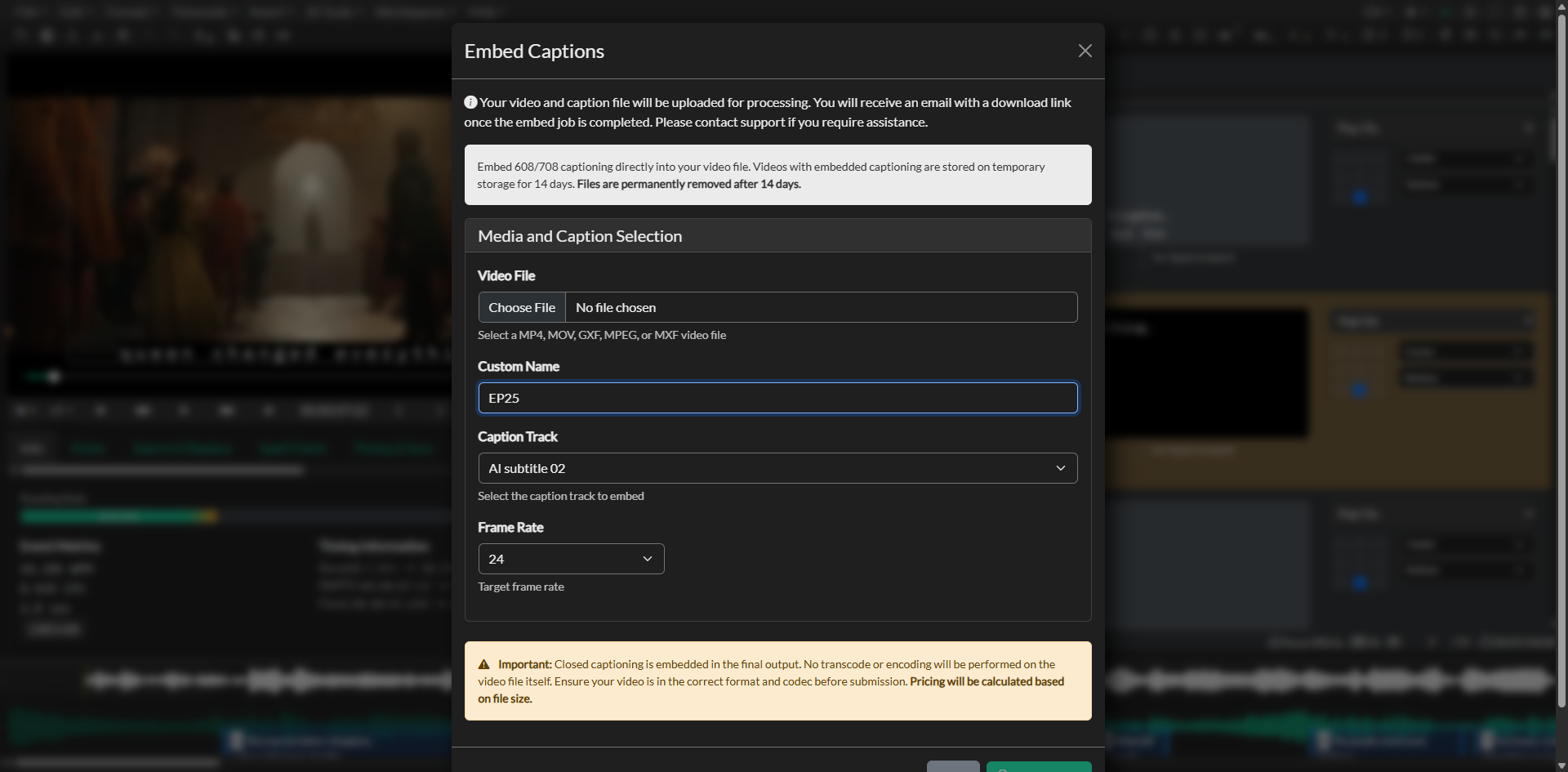 Embed Closed Captioning export workflow