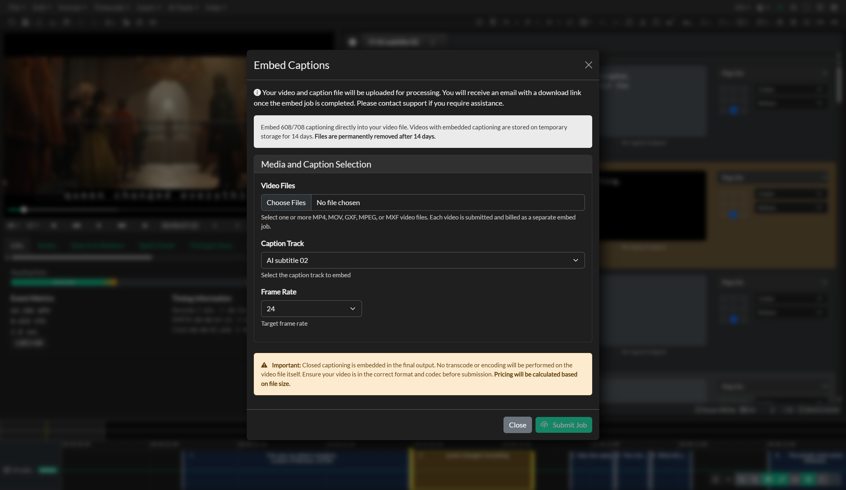The Embed Captions window, with the Video Files, Caption Track, and Frame Rate fields