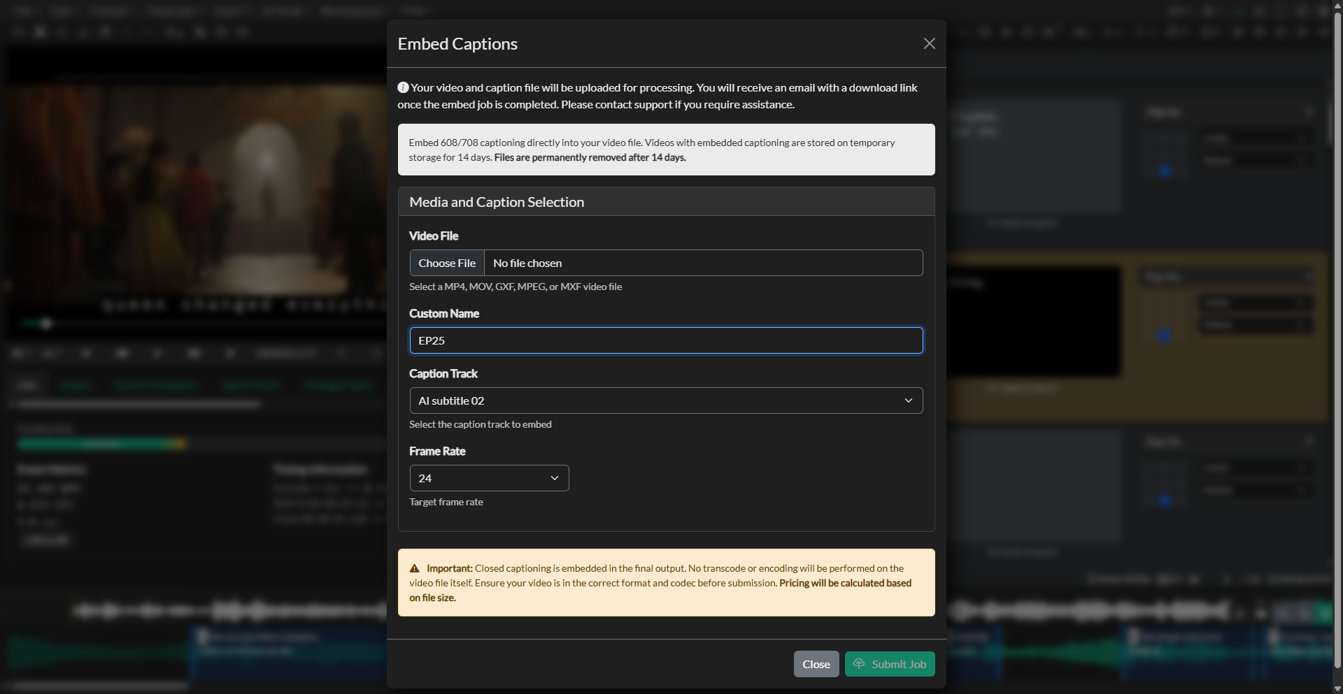 Embed Closed Captioning export workflow
