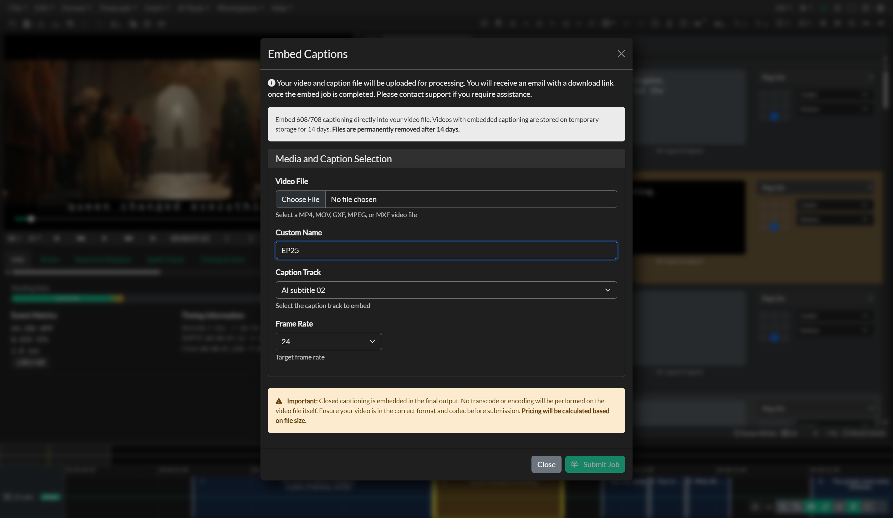 Embed Closed Captioning export workflow