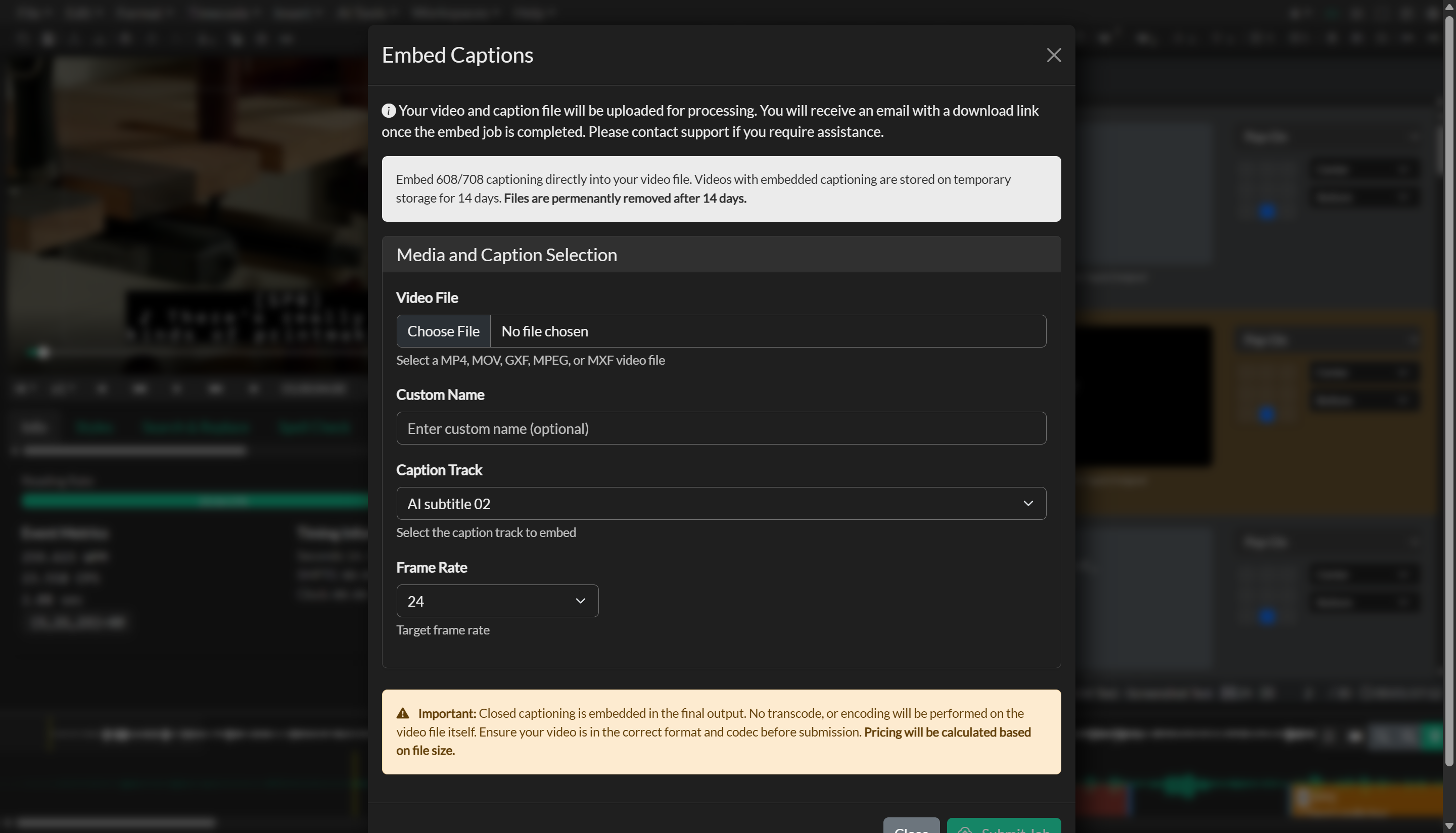 Embed Closed Captioning export workflow