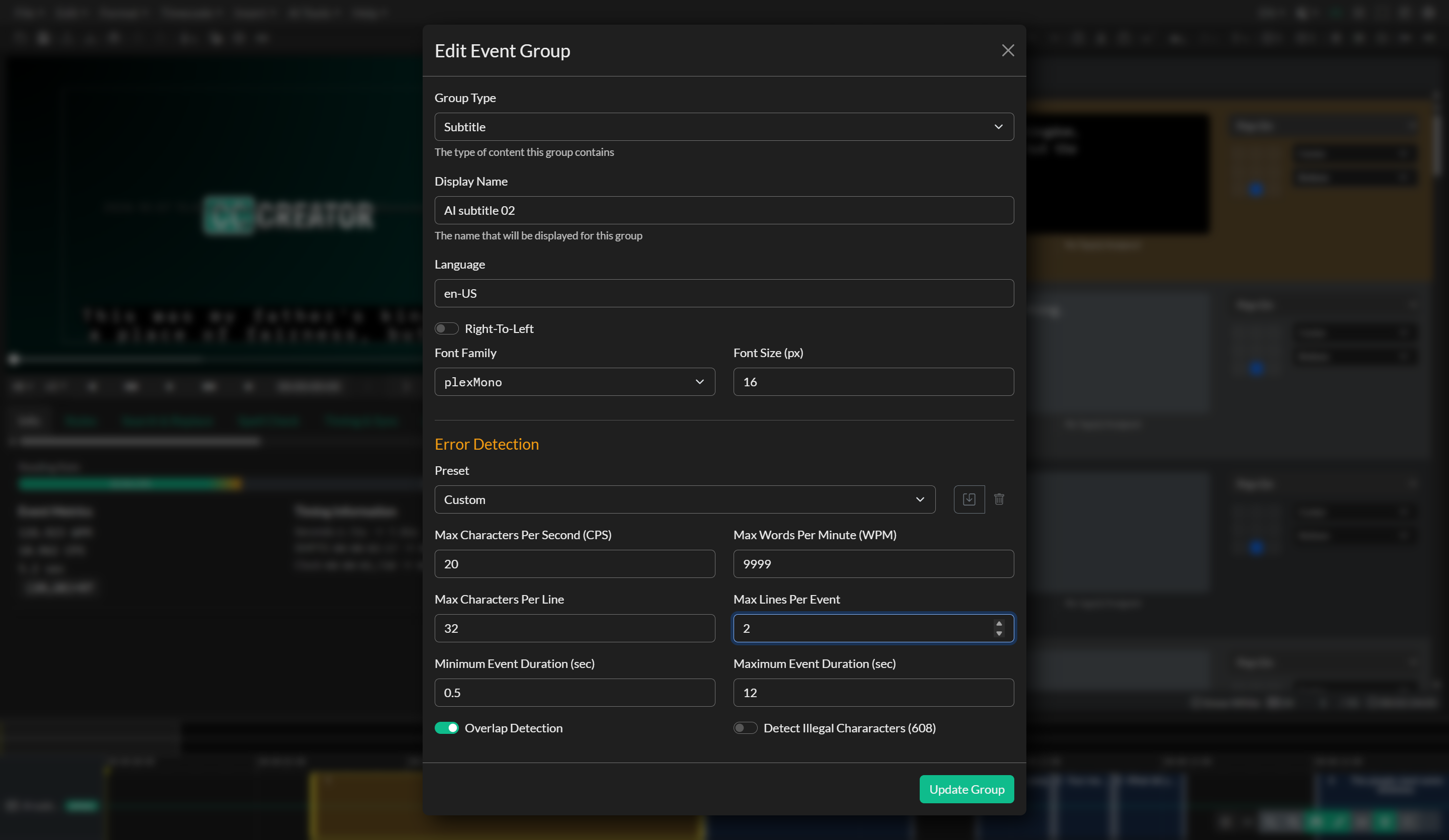 Event Group settings in the new project workflow