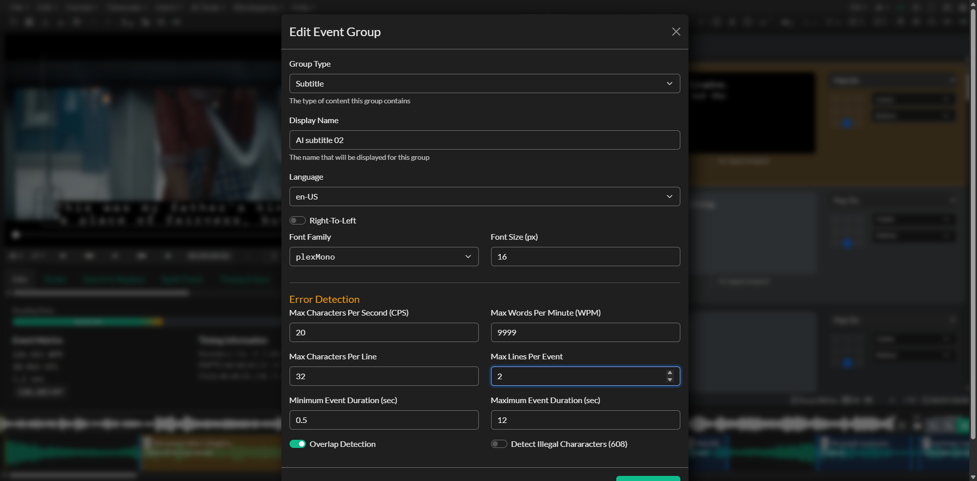 Event Group settings in the new project workflow