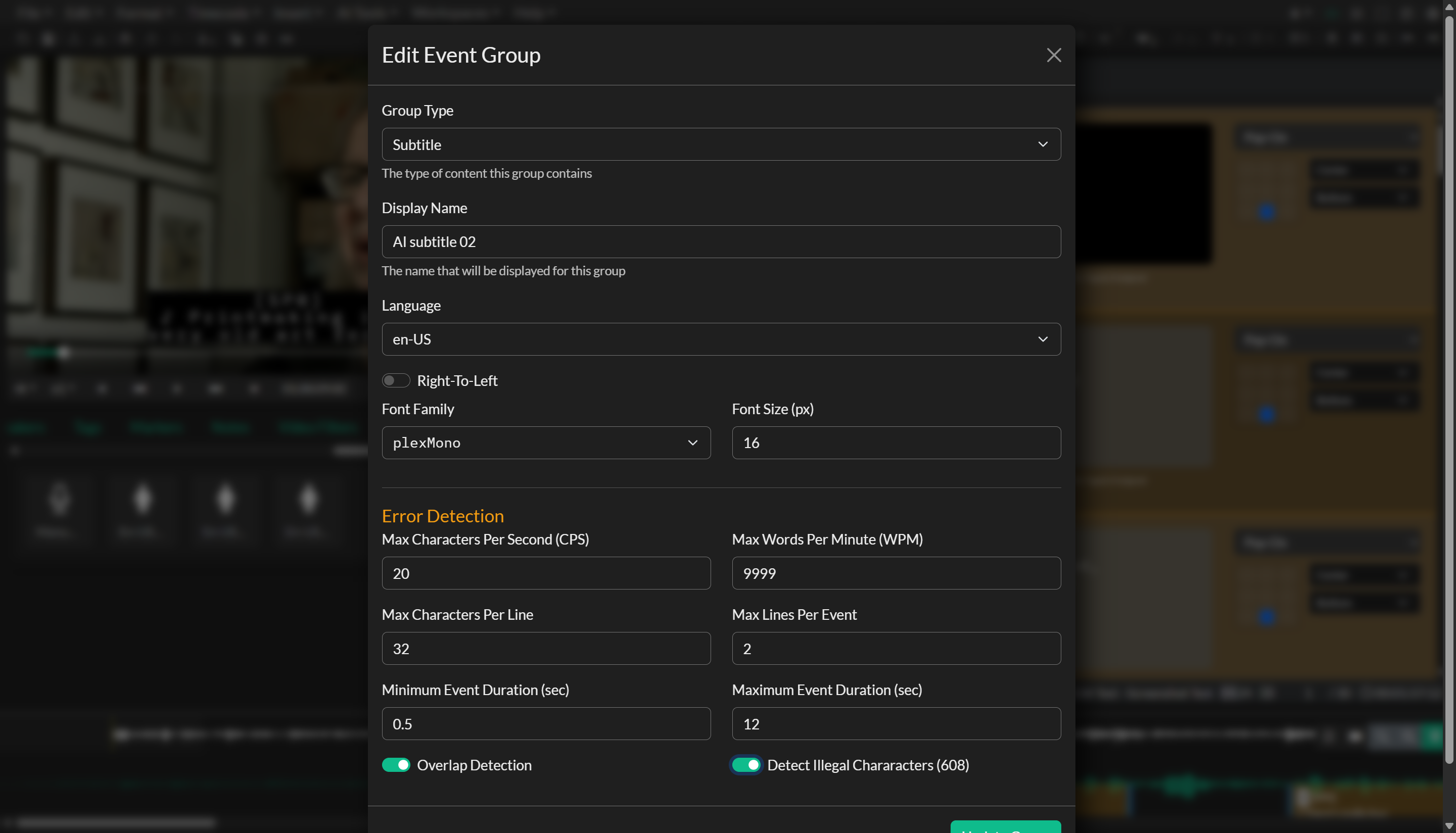 Event Group settings in the new project workflow
