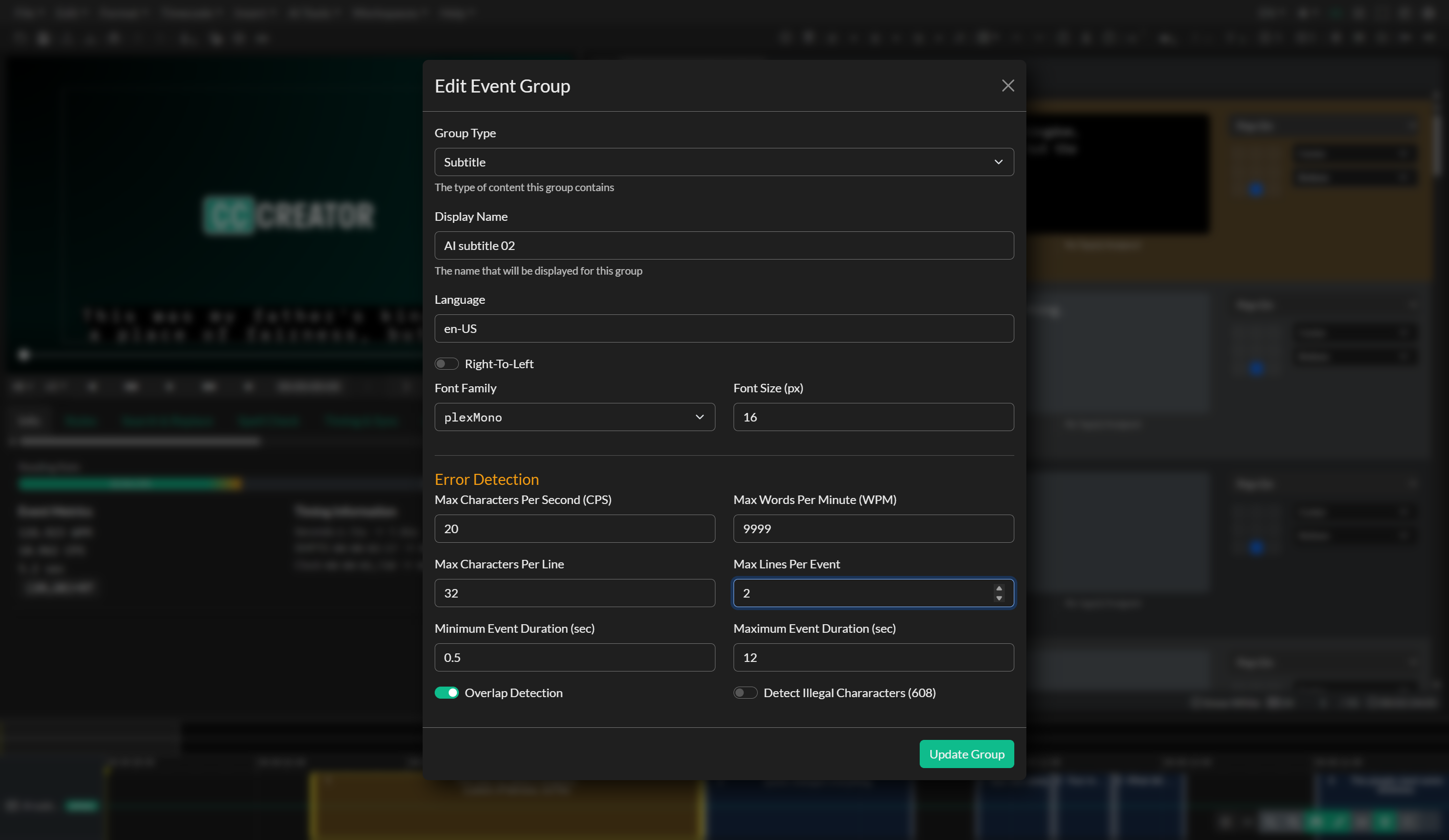 Event Group settings in the new project workflow