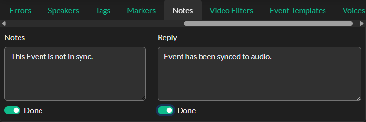 Event Notes panel in QuickTools