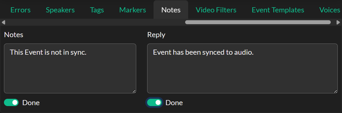 Event Notes panel in QuickTools