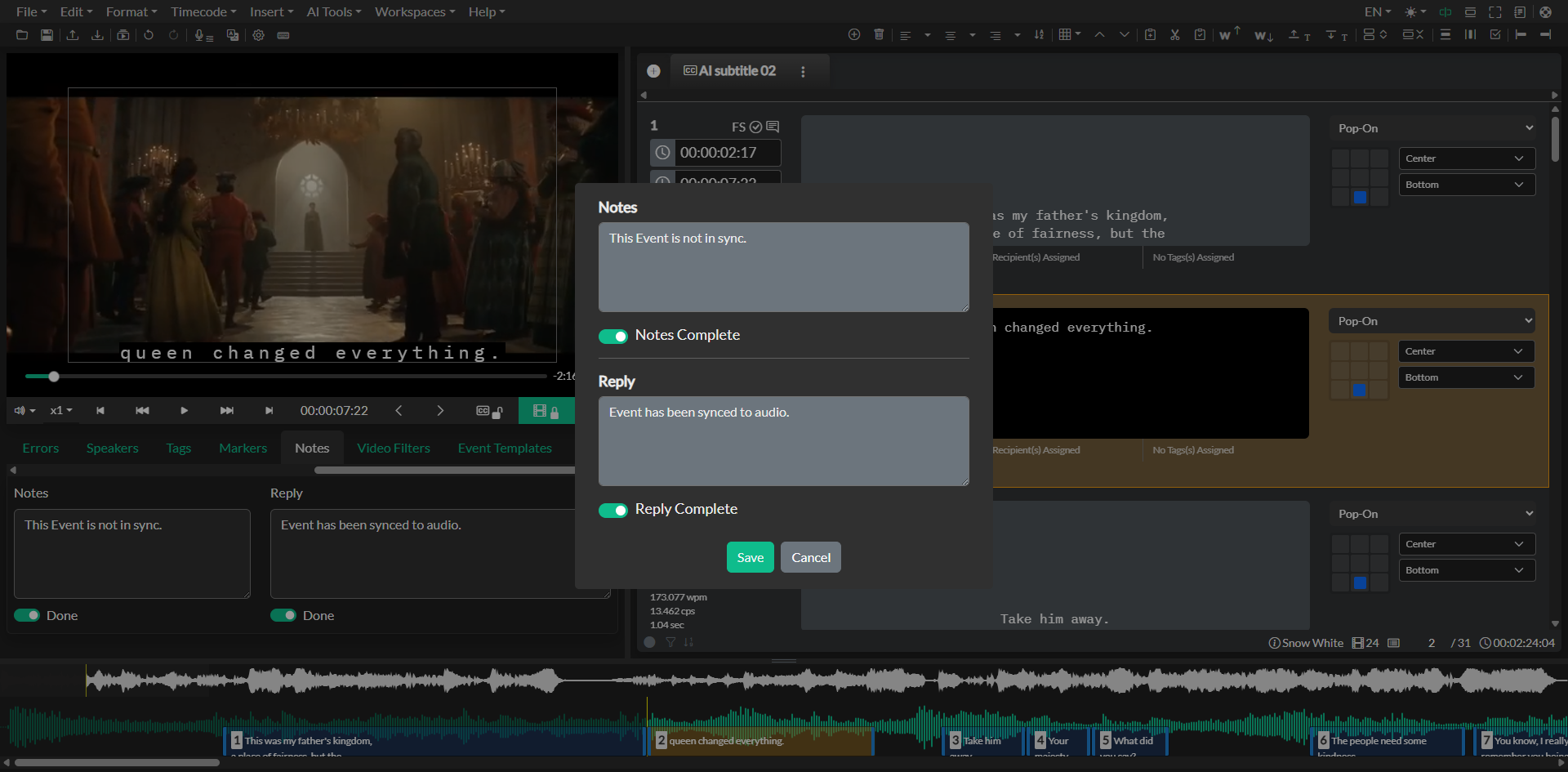 Inline event notes pop-up dialog