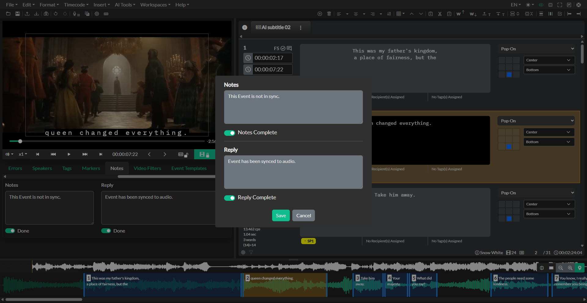 Inline event notes pop-up dialog