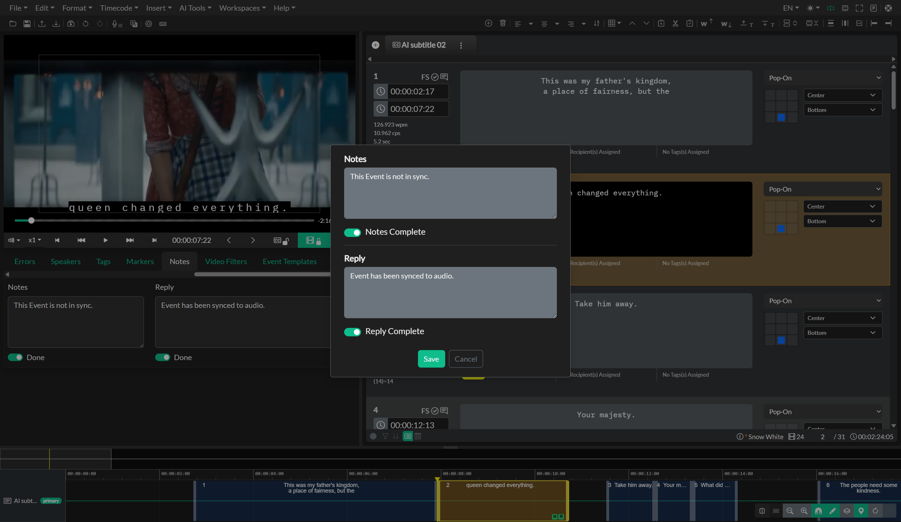 Inline event notes pop-up dialog