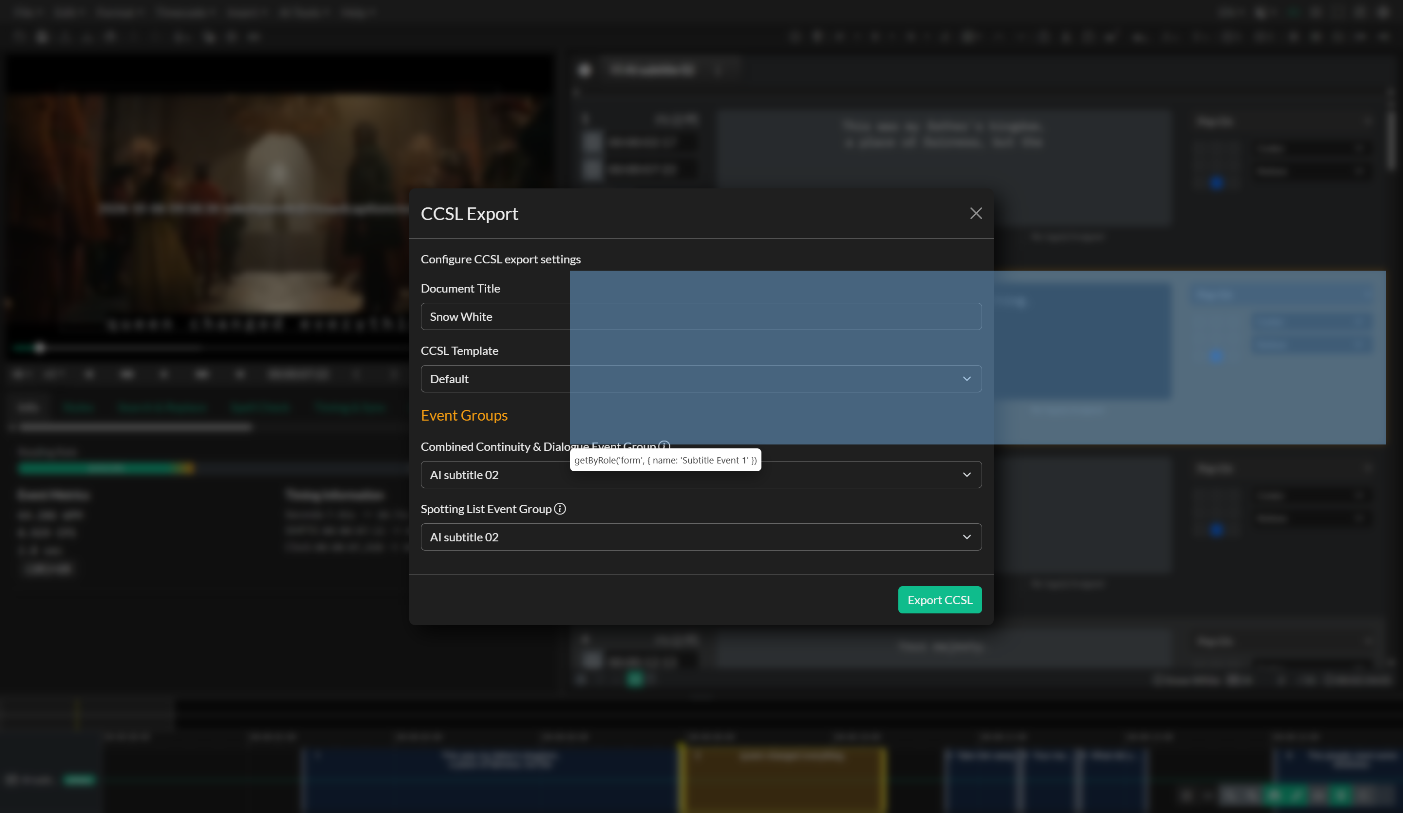CCSL Export configuration window