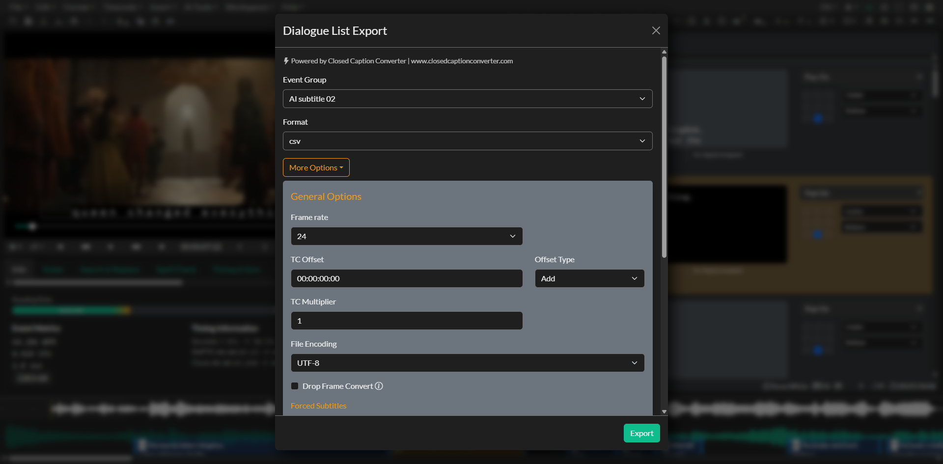 Dialogue List export window