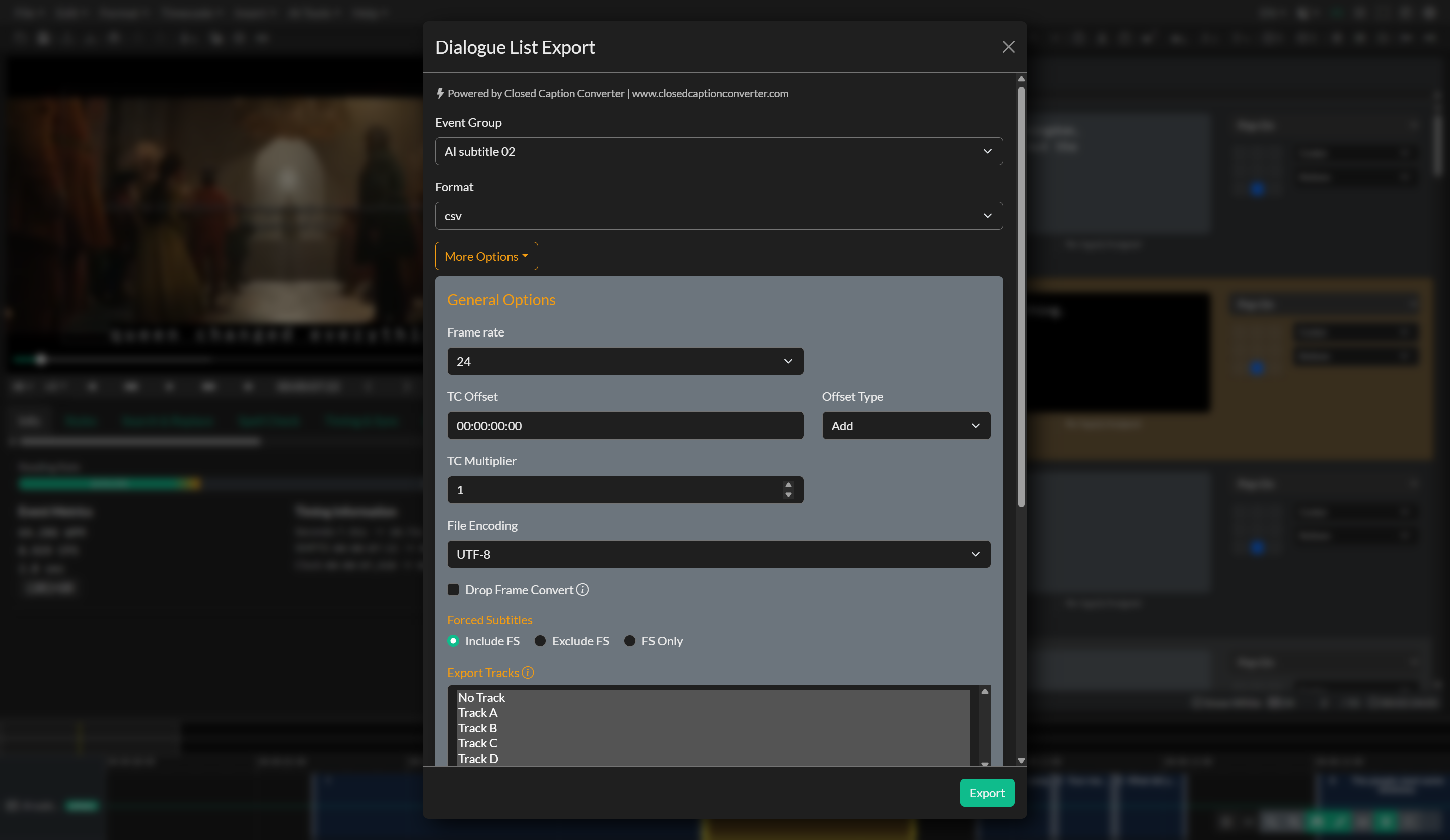 Dialogue List export window