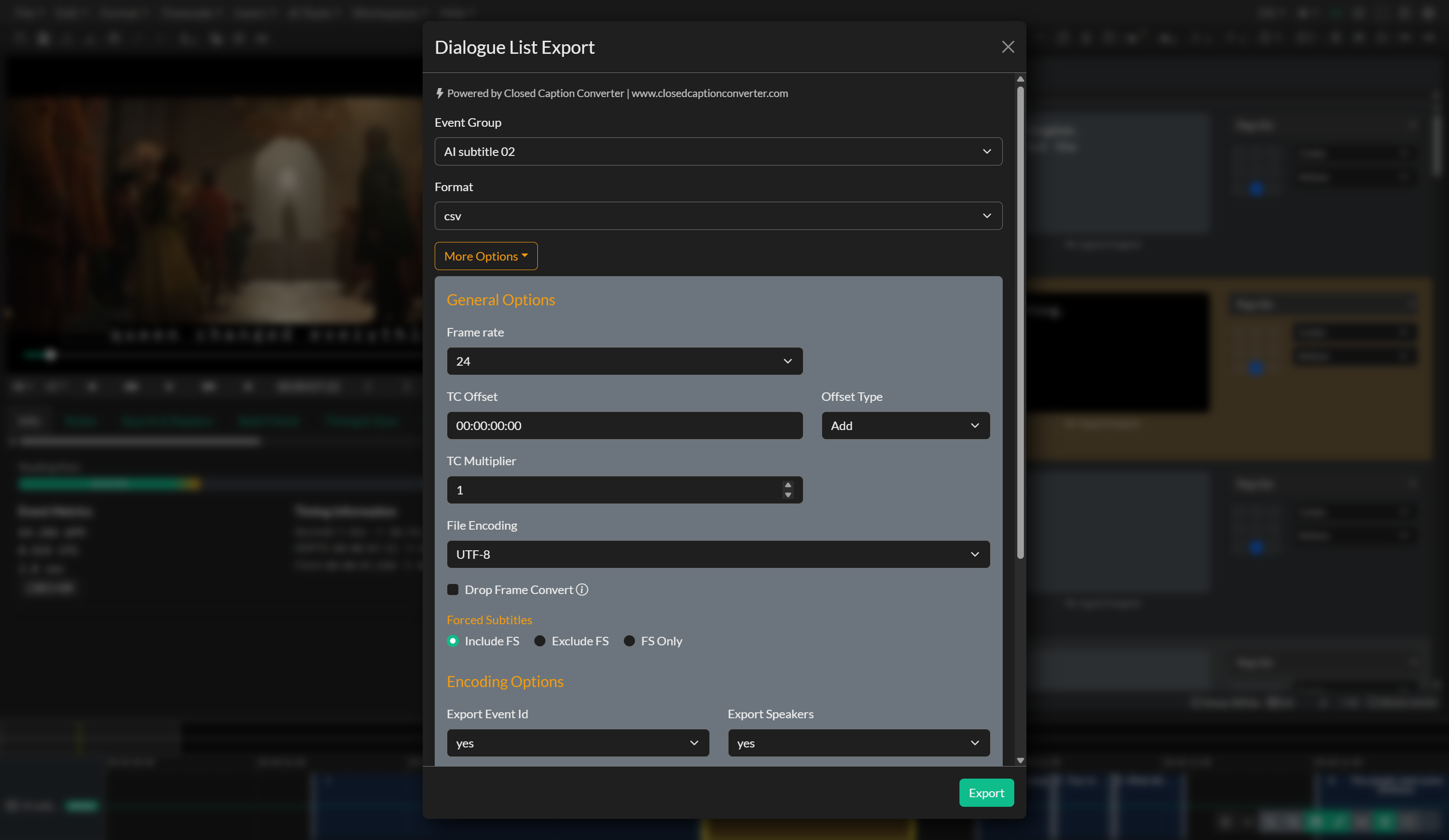Dialogue List export window