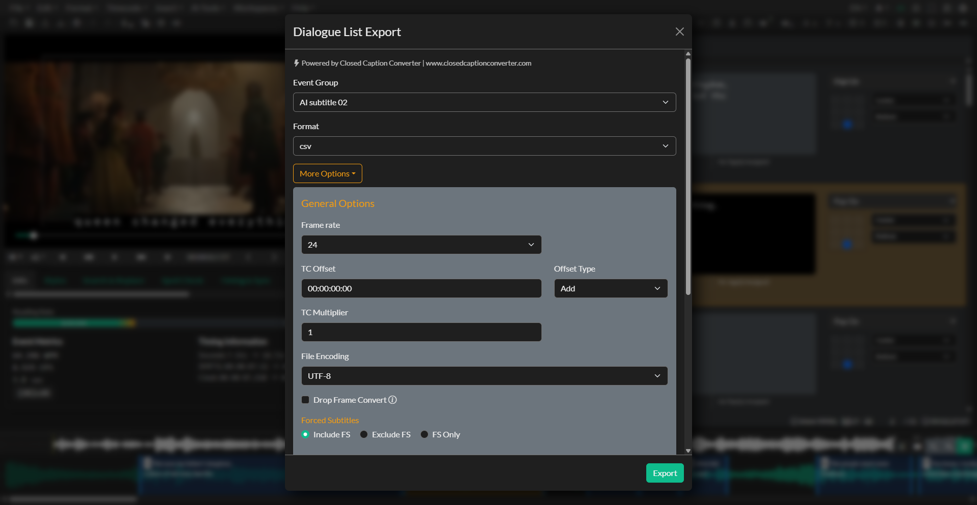 Dialogue List export window