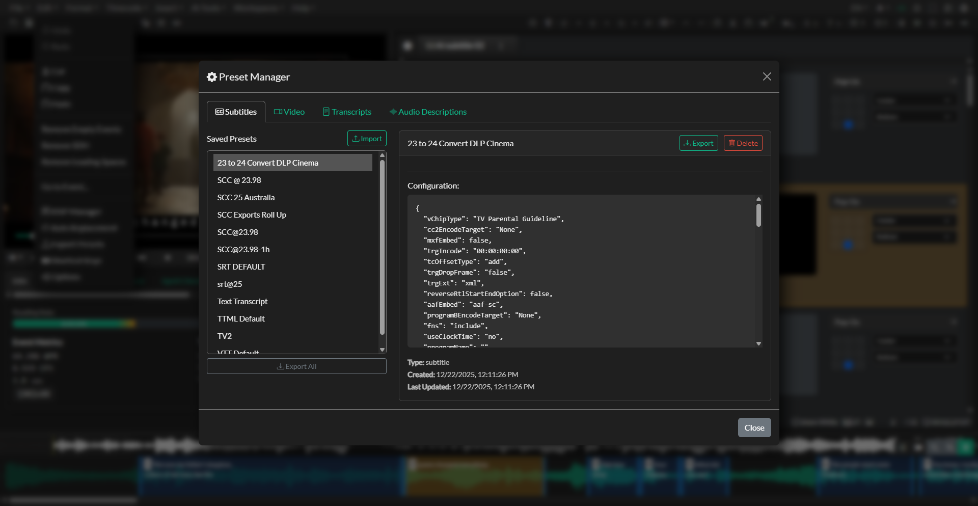Export Presets configuration and save/load controls