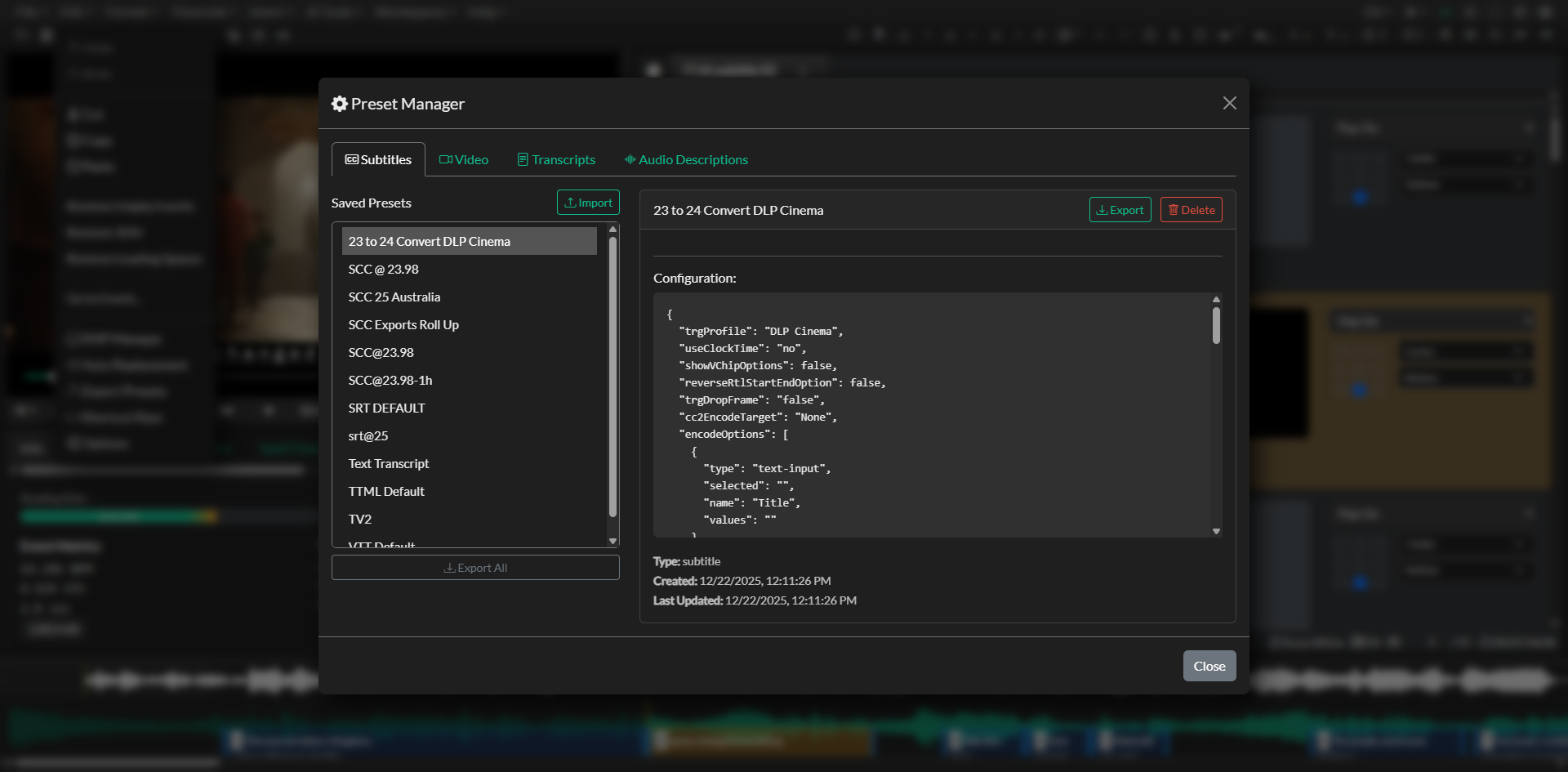 Export Presets configuration and save/load controls