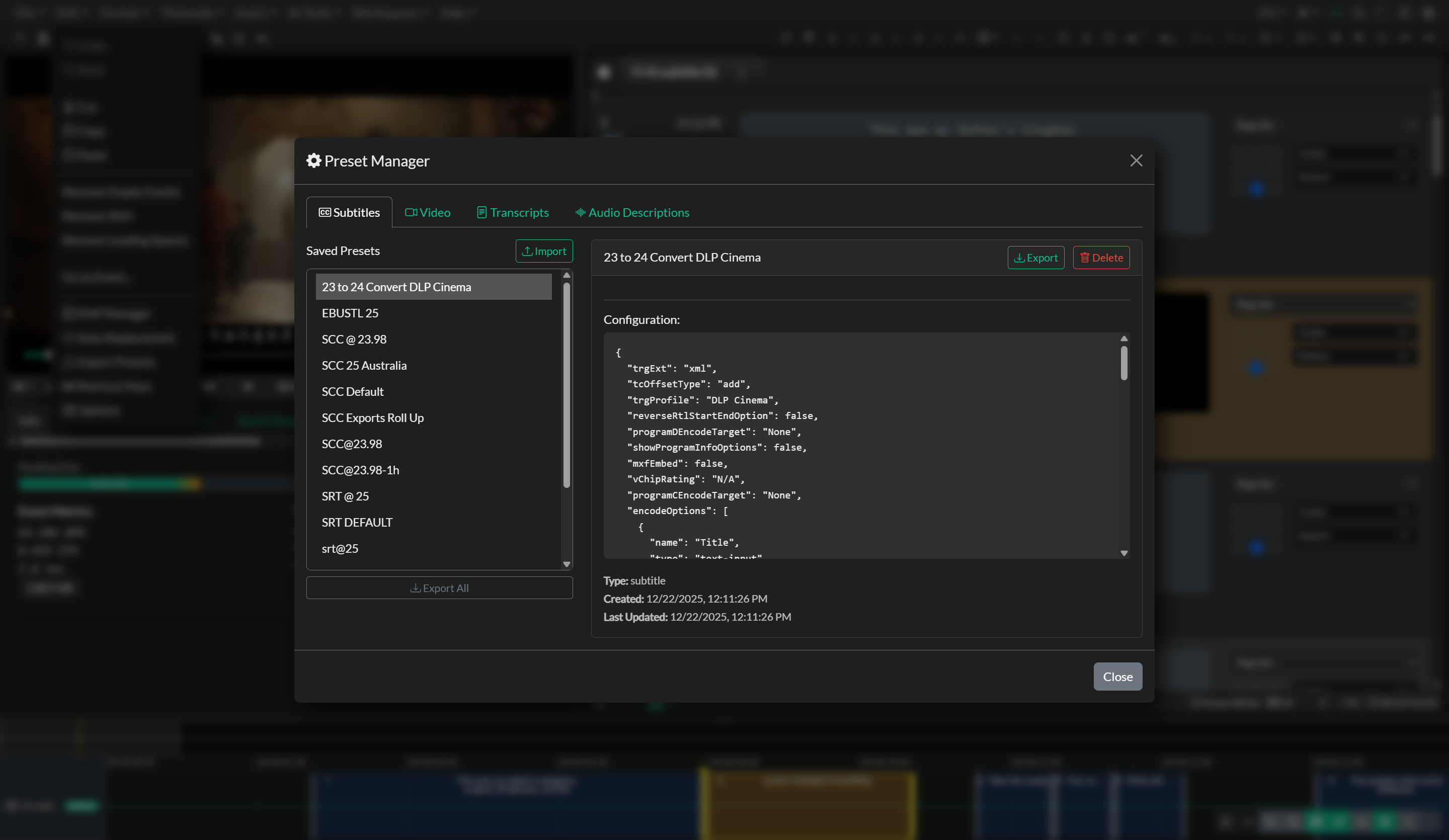 Export Presets configuration and save/load controls