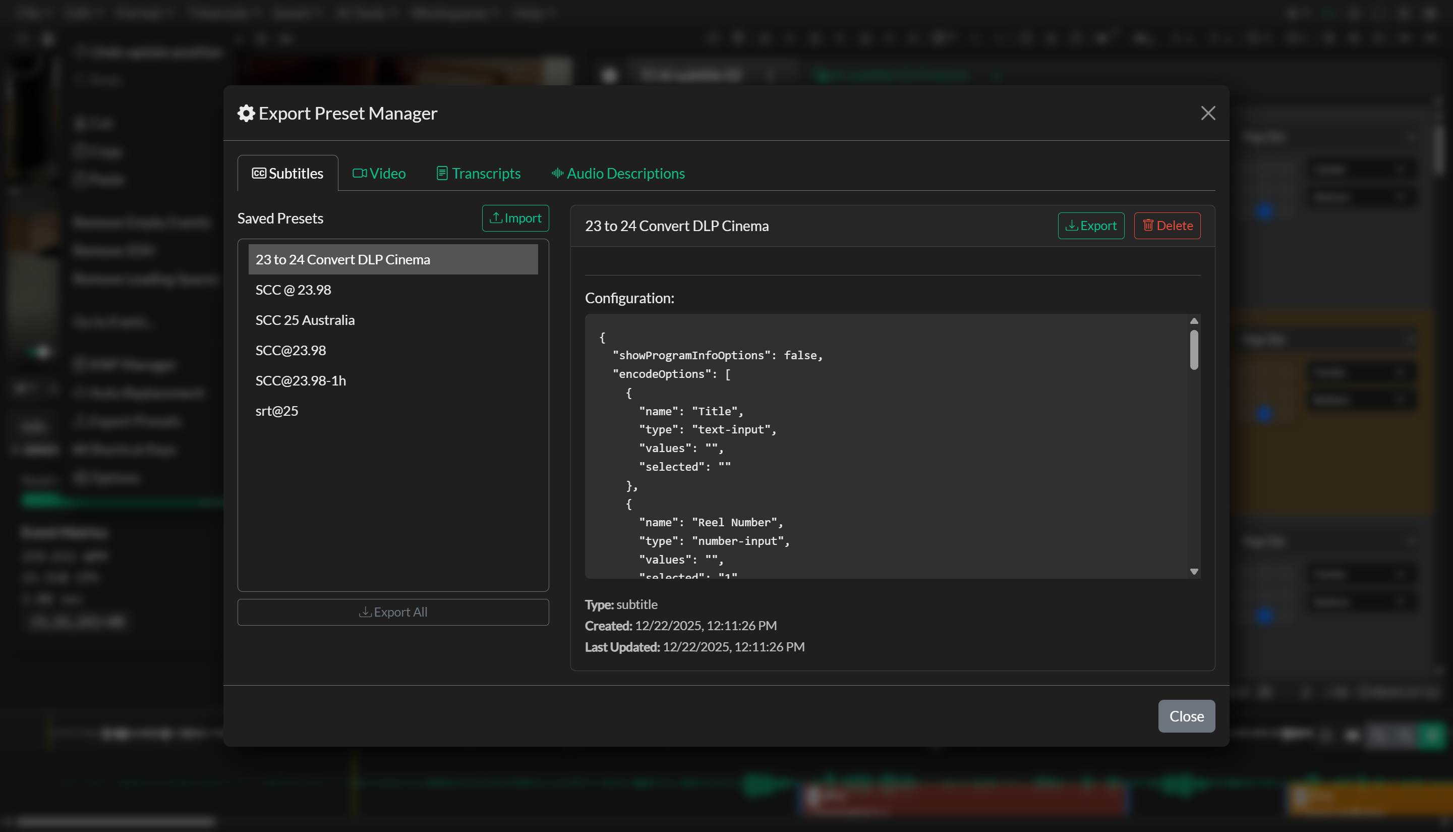 Export Presets configuration and save/load controls