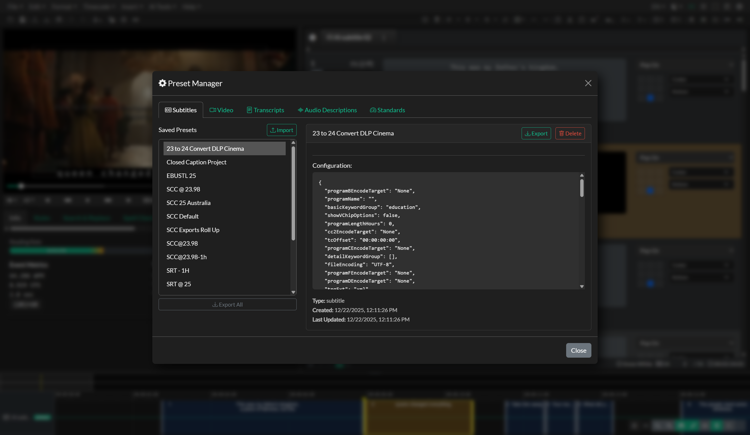 Export Presets configuration and save/load controls