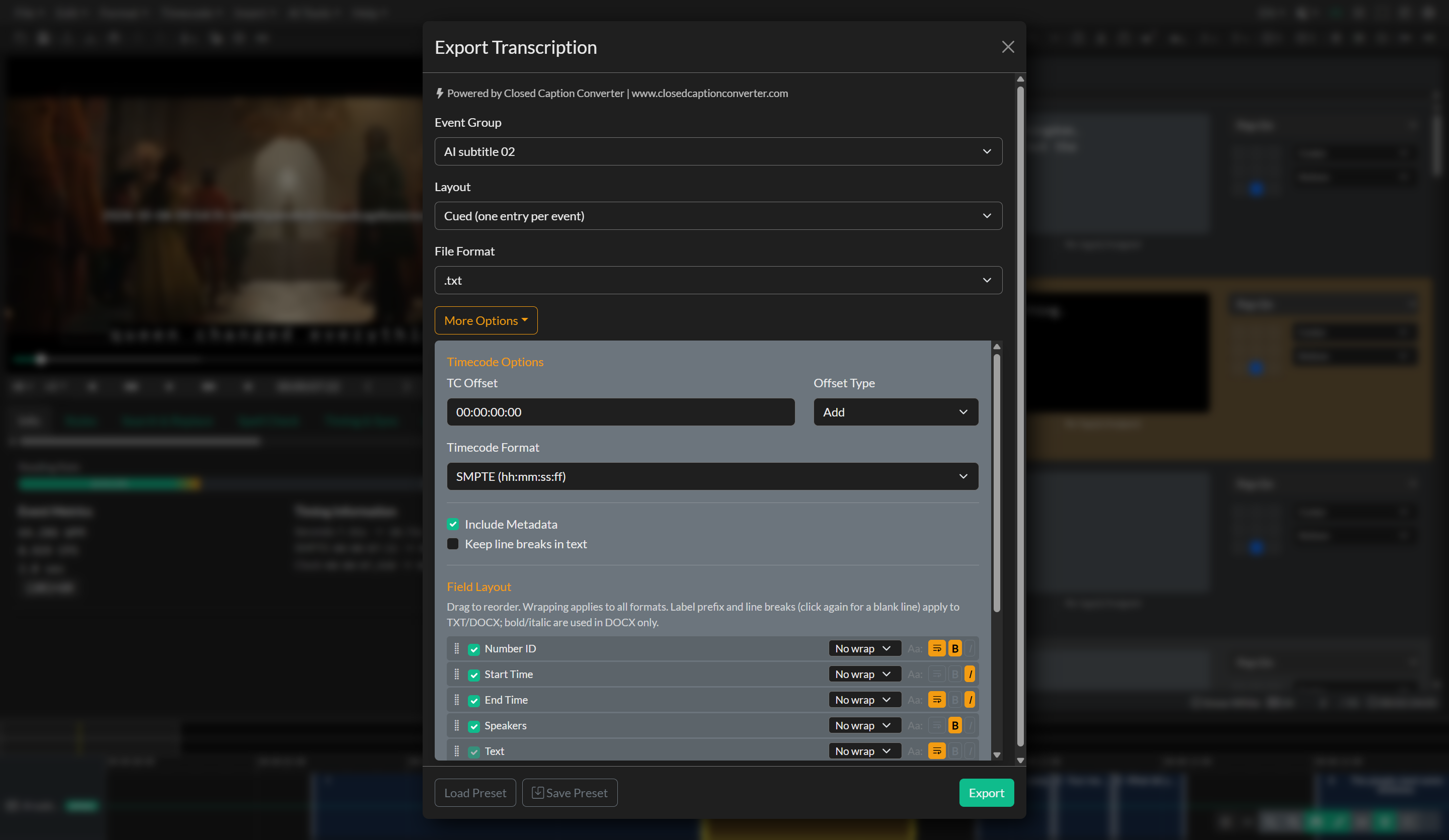 Transcript export window