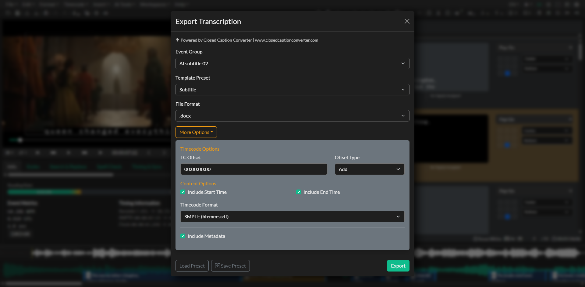 Transcript export window