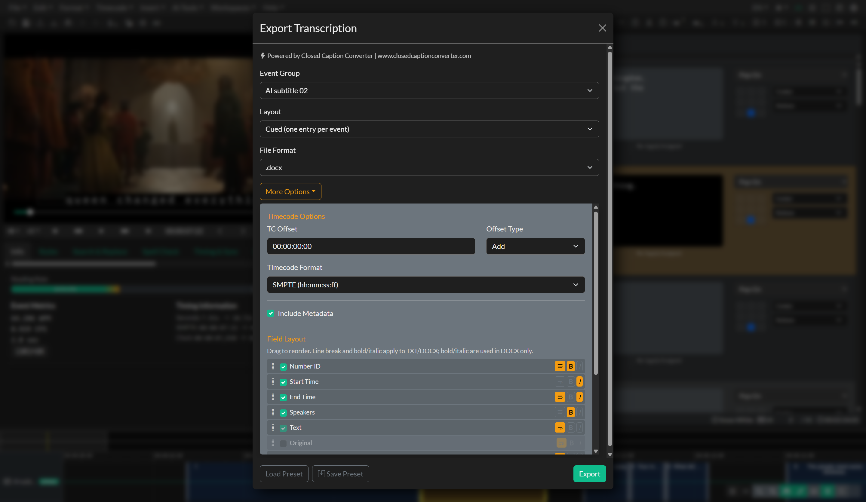 Transcript export window
