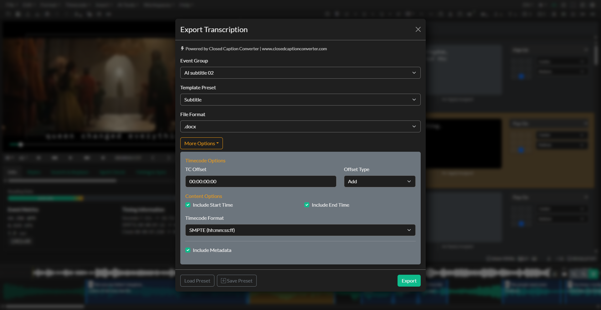 Transcript export window