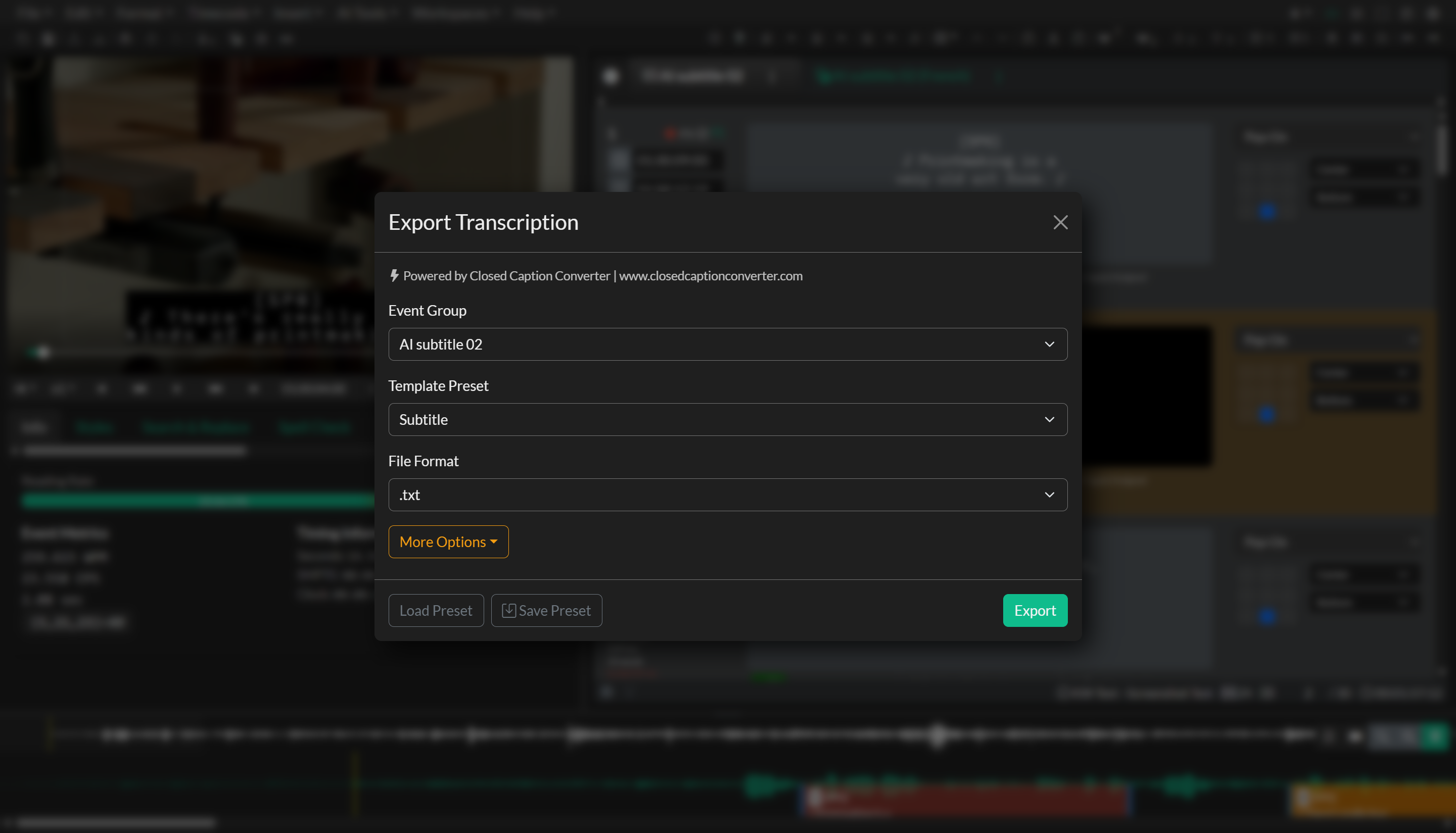 Transcript export window