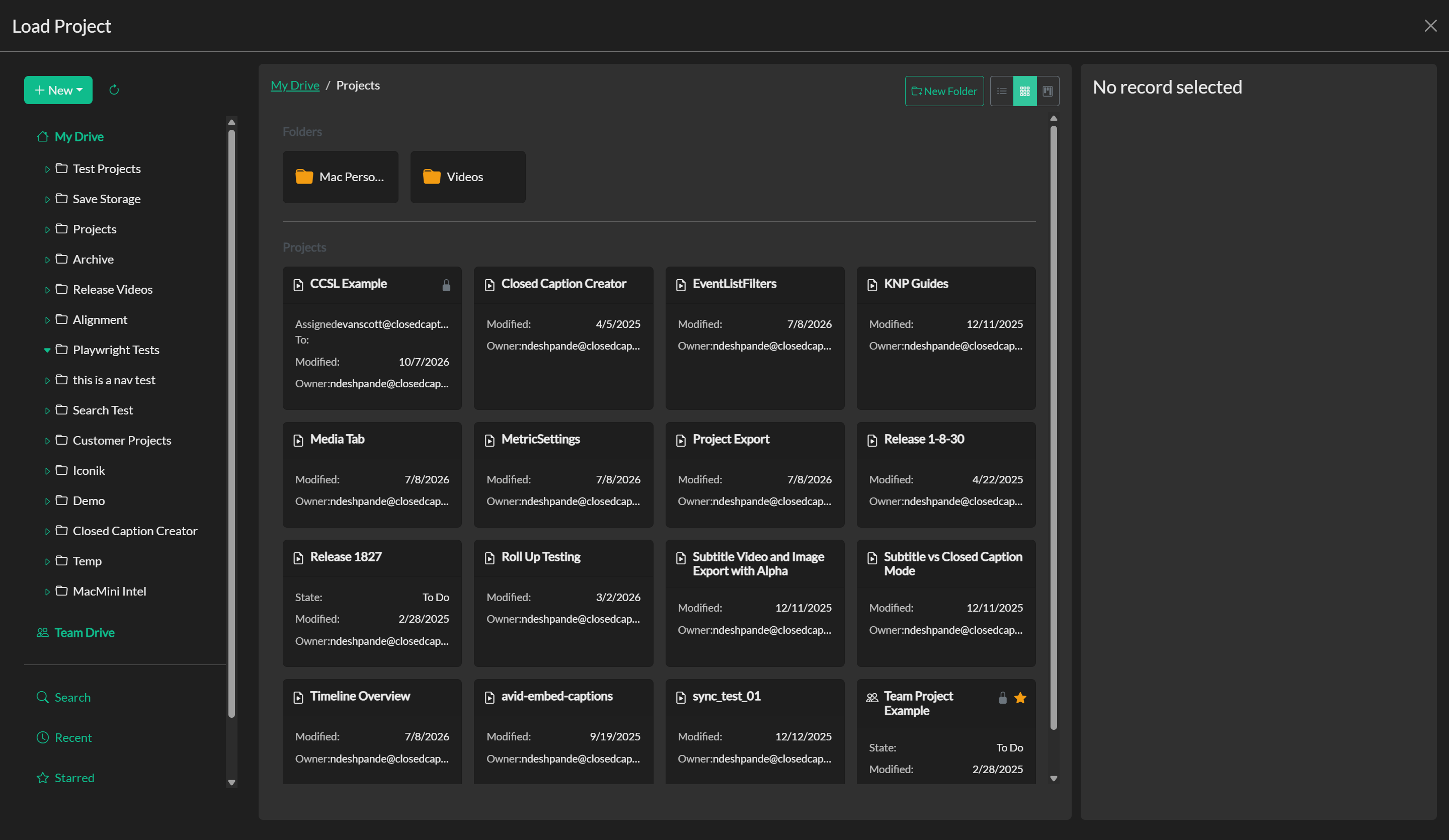 Storage Explorer Grid view with folders and project cards