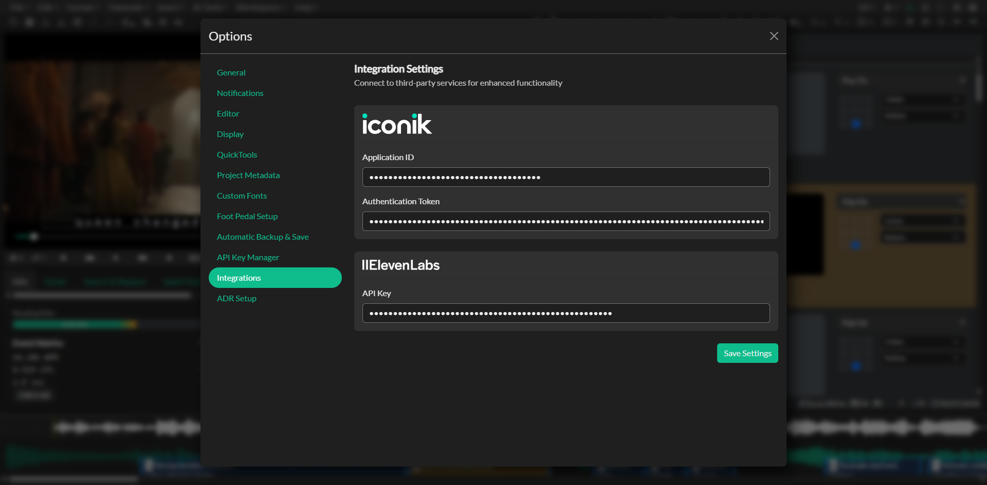 Integrations settings panel in Options