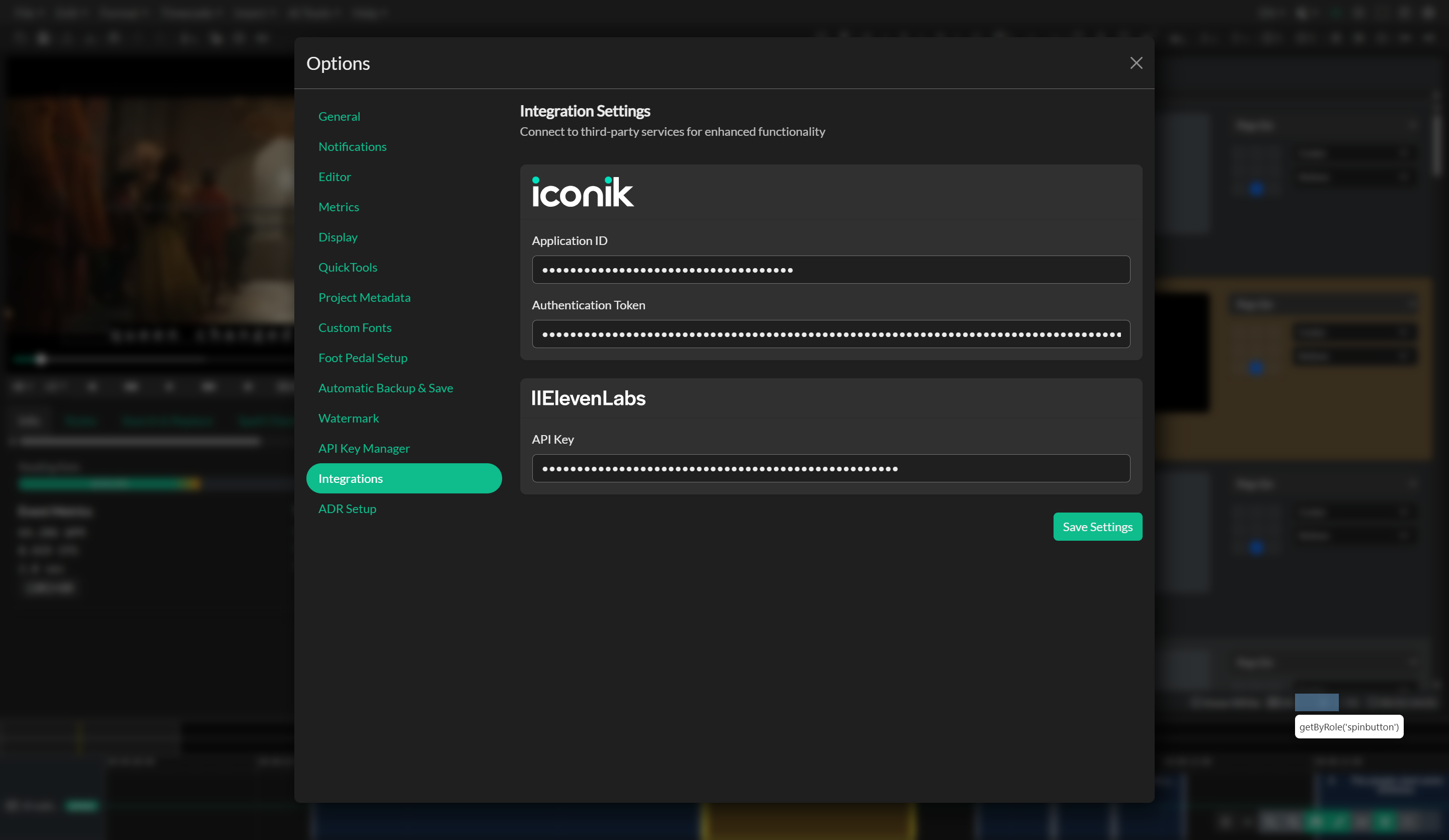 Integrations settings panel in Options