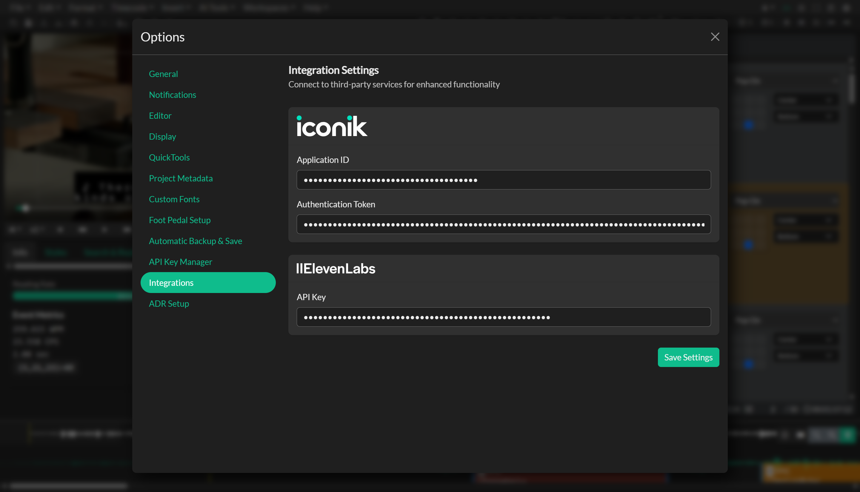Integrations settings panel in Options