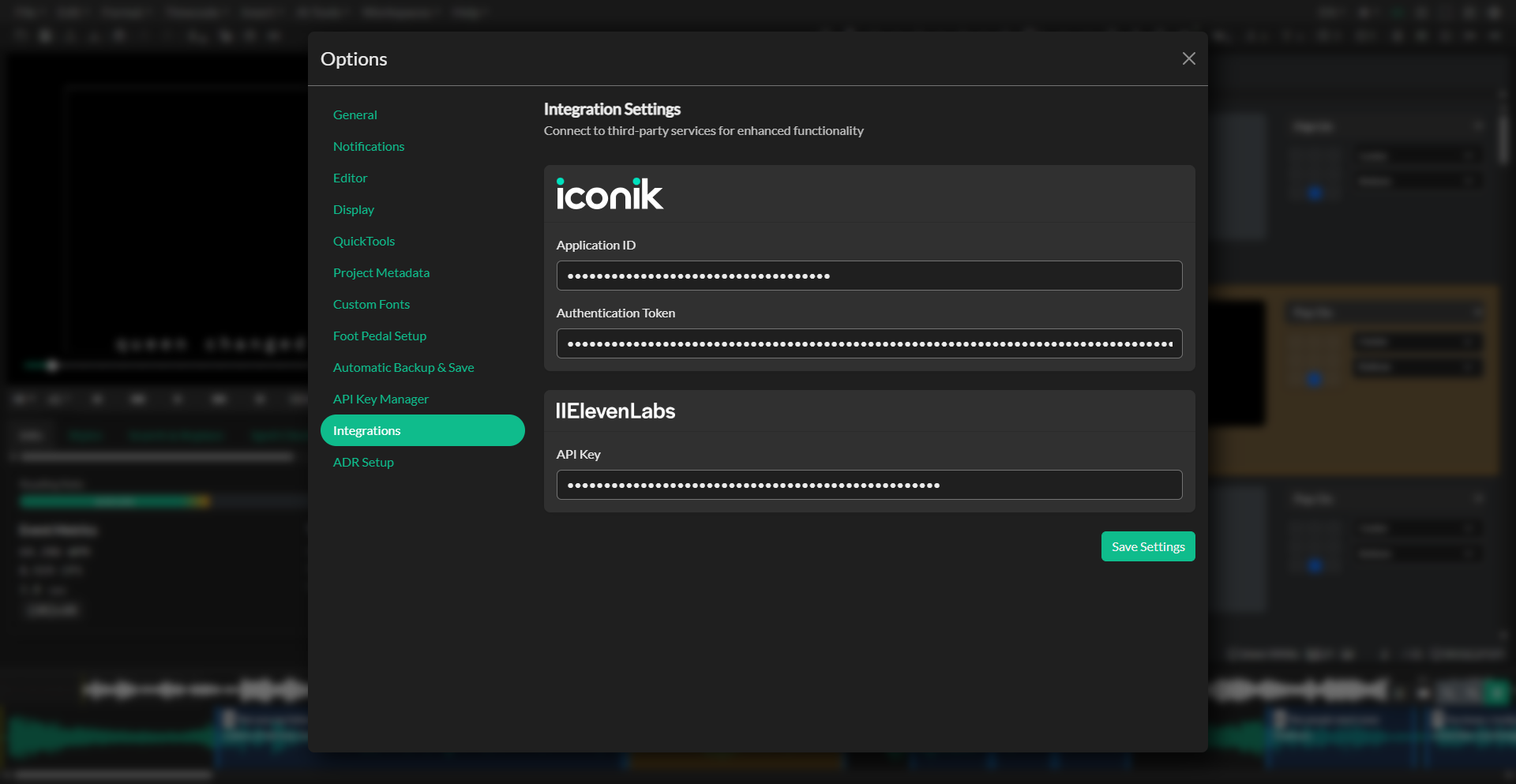 Integrations settings panel in Options