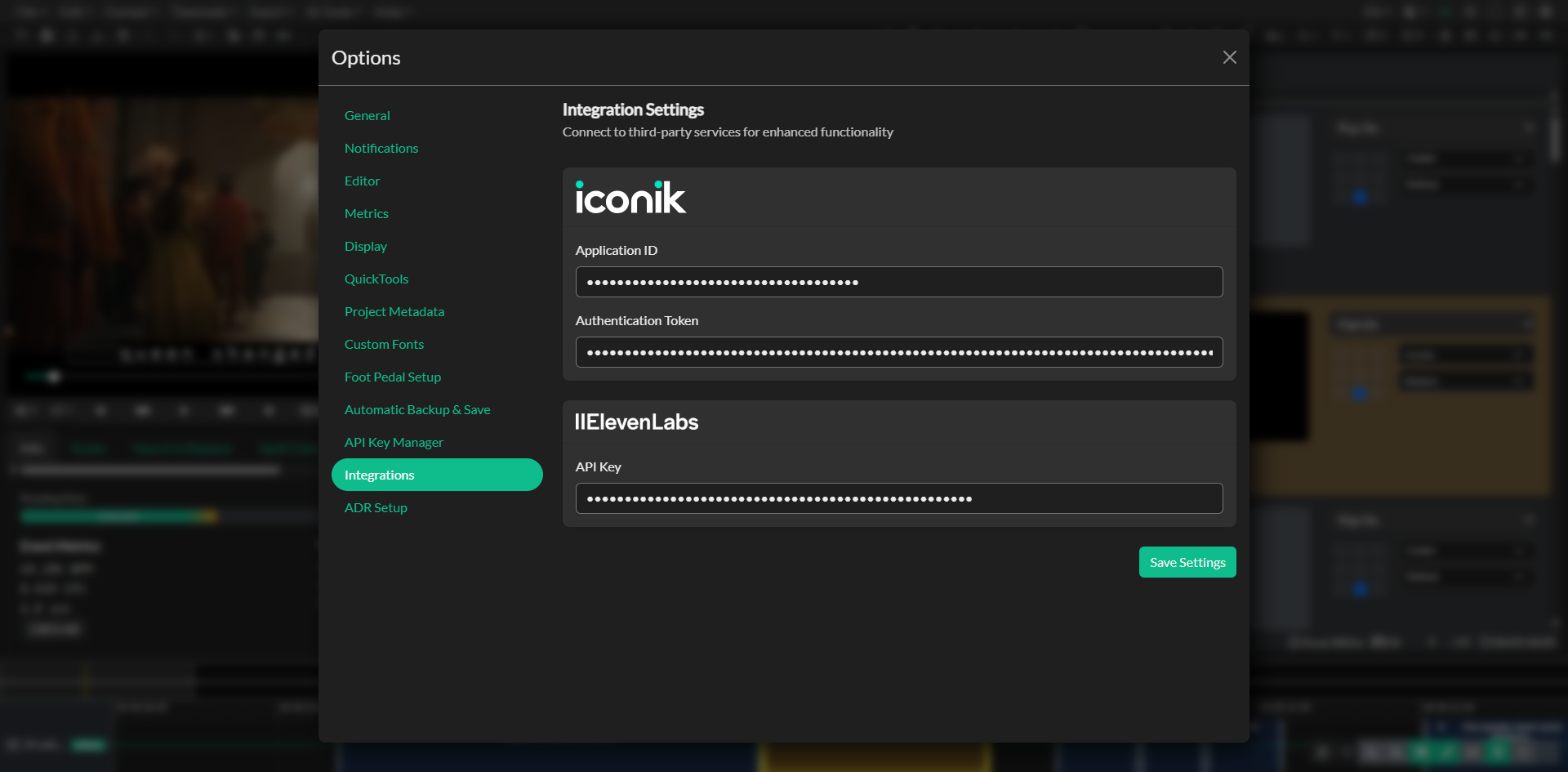 Integrations settings panel in Options