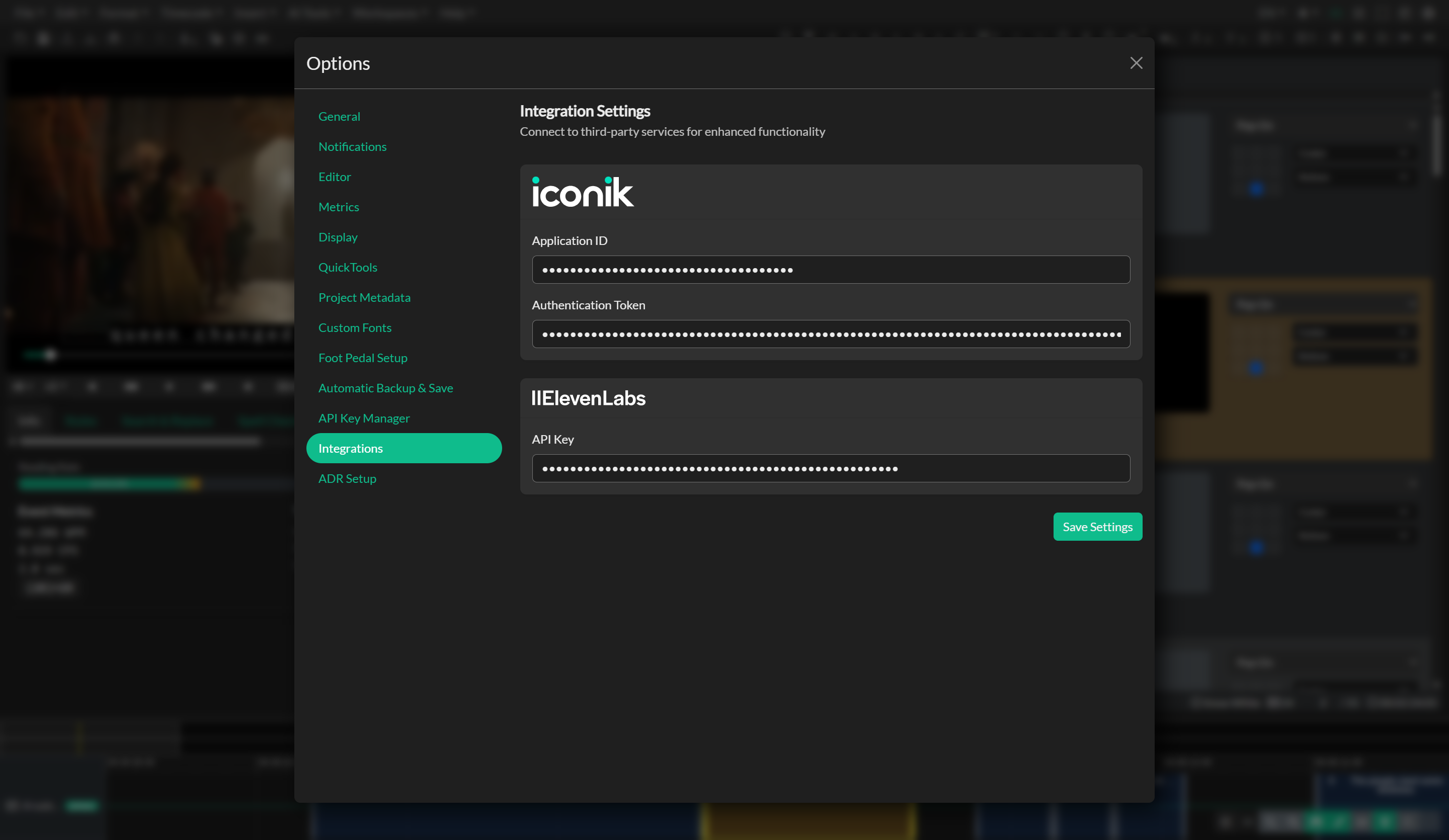 Integrations settings panel in Options