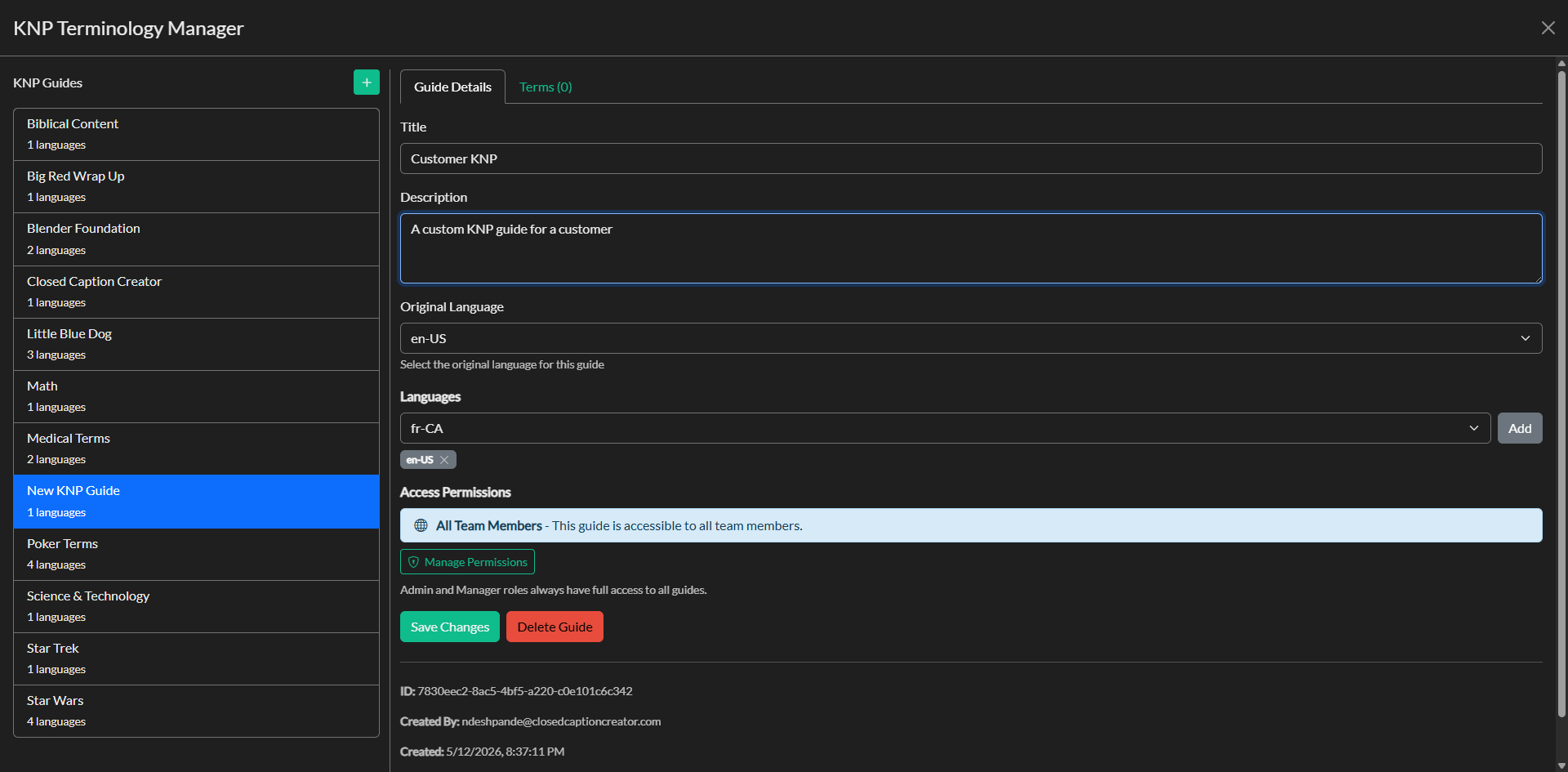 KNP guide setup and configuration form