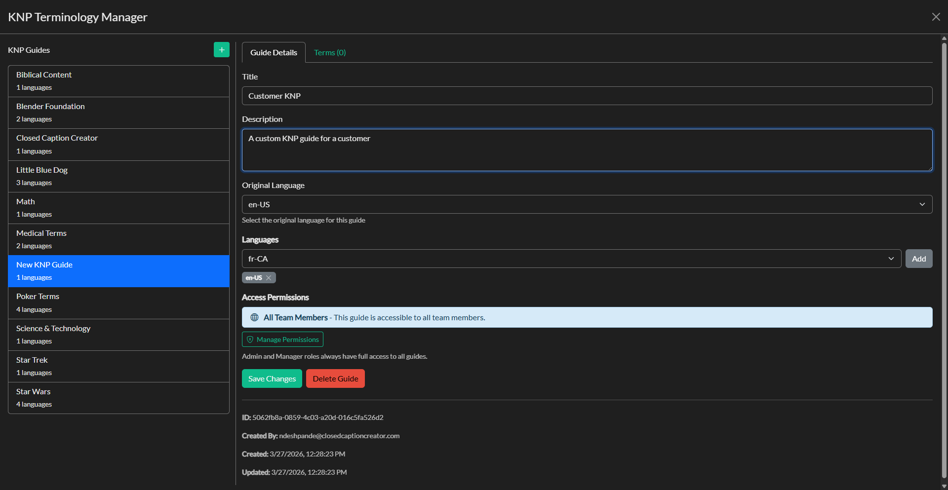 KNP guide setup and configuration form